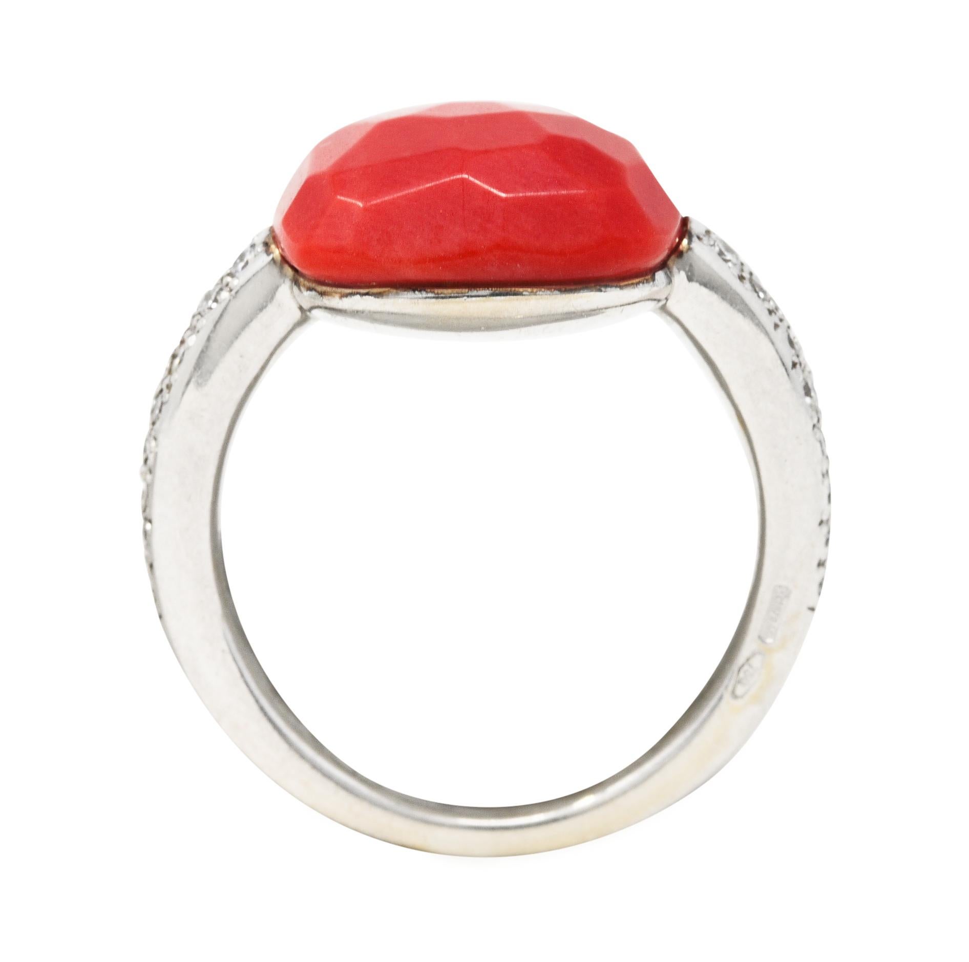 Women's or Men's Pomellato Italian Coral Pave Diamond 18 Karat White Gold Capri Gemstone Ring