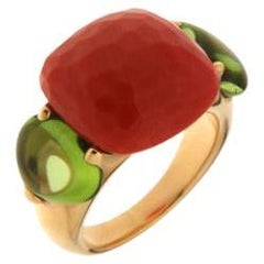 Used Pomellato Large Capri Ring in 18 Karat Rose Gold with Coral and Peridot