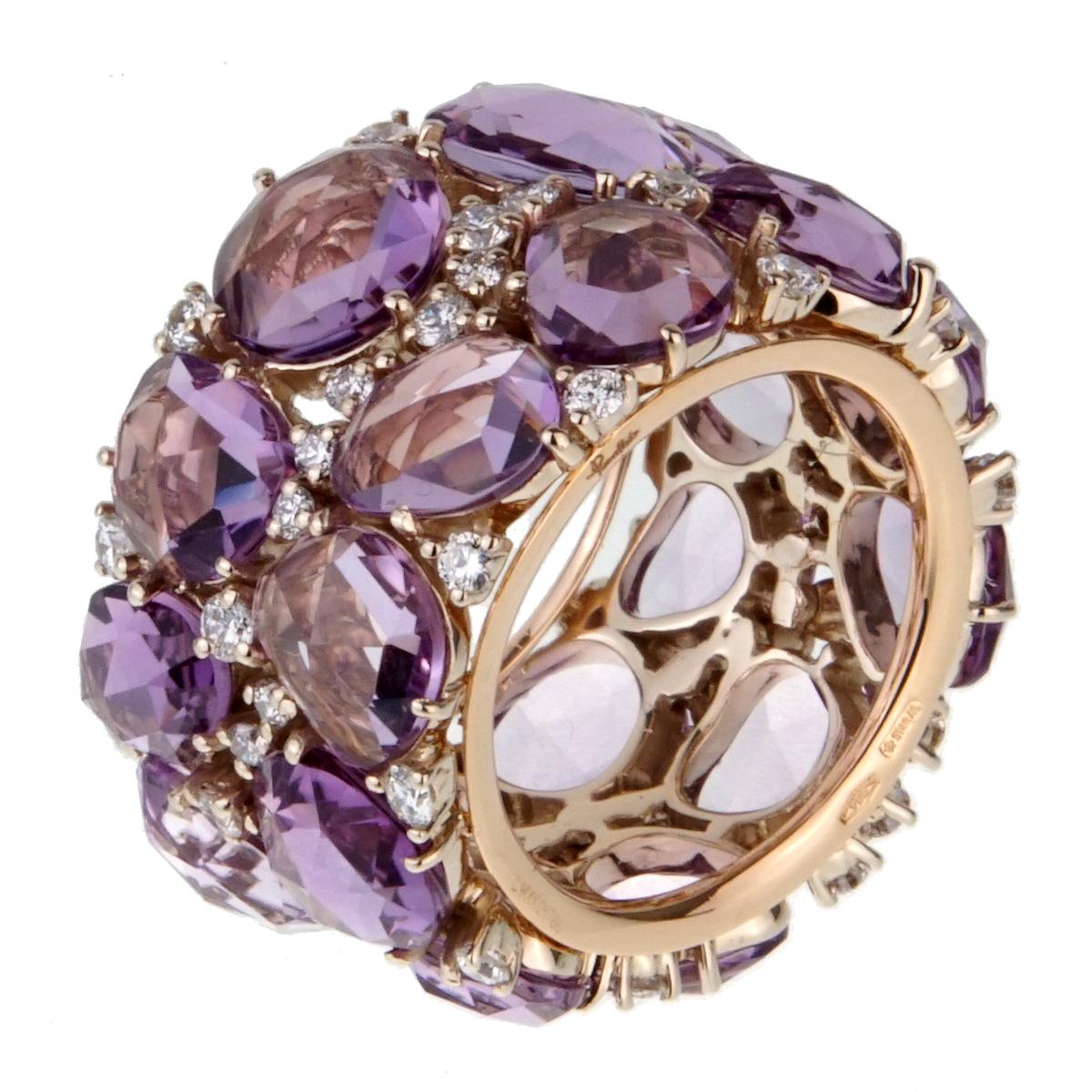 A magnificent Pomellato Lulu diamond ring featuring Amethyst and round brilliant cut diamonds in 18k rose gold. The ring measures a sz 7 and measures .59