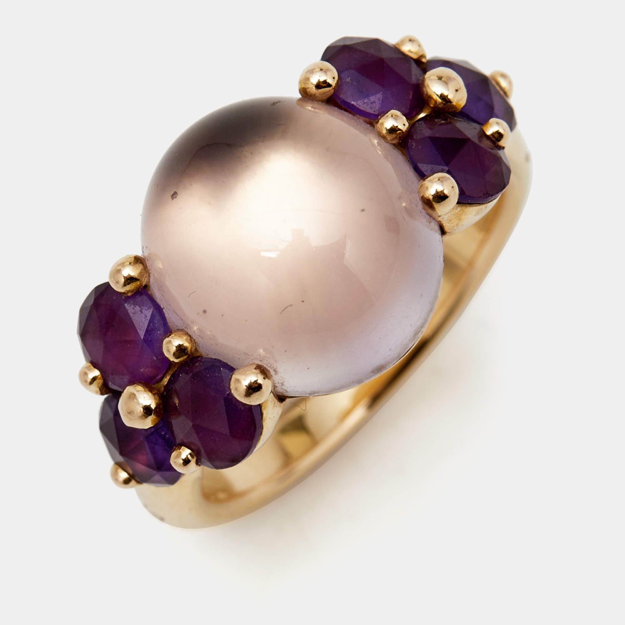 Pomellato's commitment to delivering excellence is beautifully manifested in this cocktail ring. Every detail on this ring speaks of creativity, elegance, and luxury. Rendered in a remarkable silhouette with notably-sized Amethyst on the head and