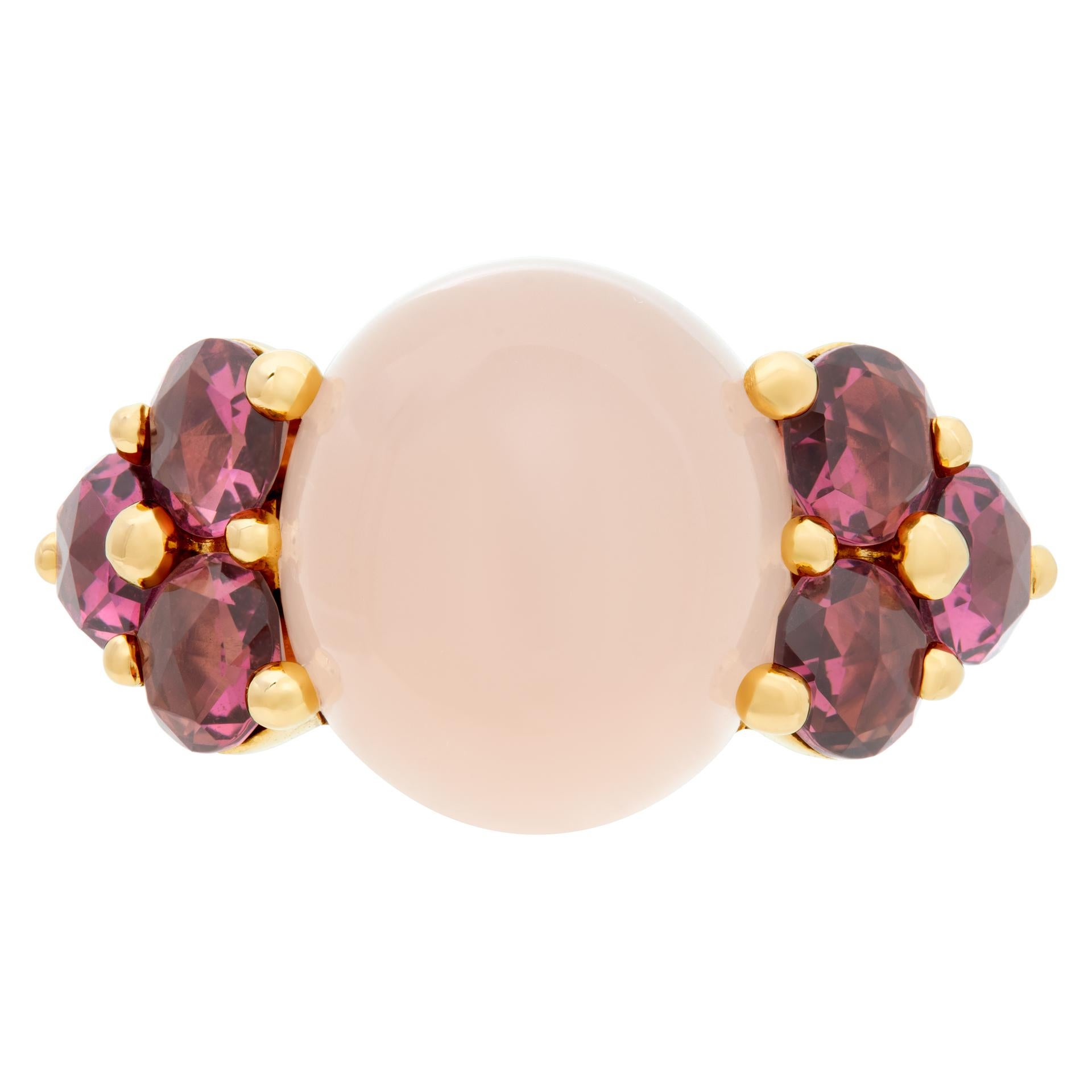 Pomellato Luna ring in 18k rose gold with cabochon rose quartz and six side pink tourmaline stones. Ring size 5.This Pomellato ring is currently size 5 and some items can be sized up or down, please ask! It weighs 5.9 pennyweights and is 18k rose