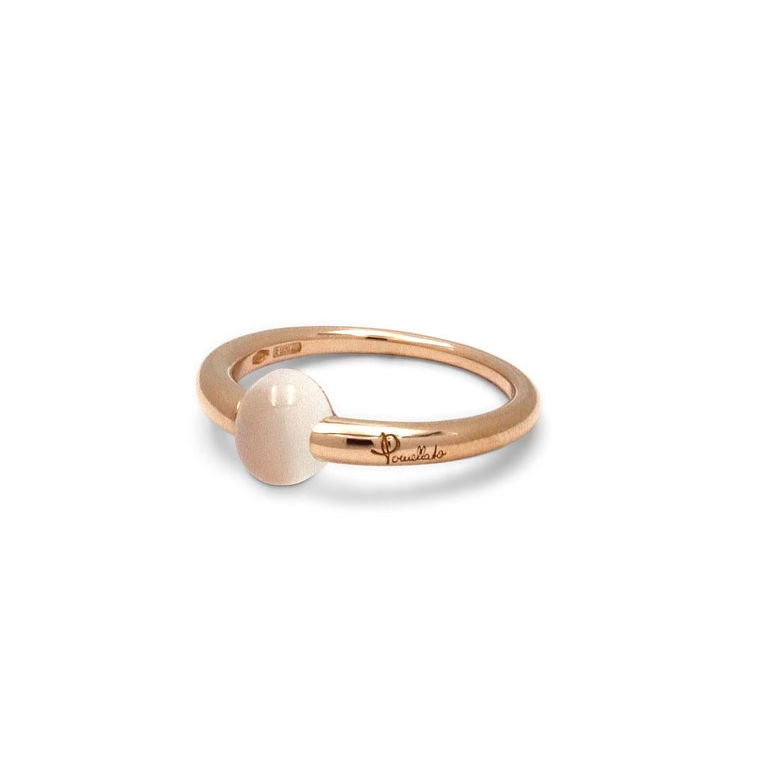 Authentic Pomellato 'Luna' ring crafted in 18 karat rose gold. Centering on a pearly opalescent adularia stone, the color and soft curve of the ring is truly reminiscent of the moon. Signed Pomellato, 750, with Italian hallmark and serial number.