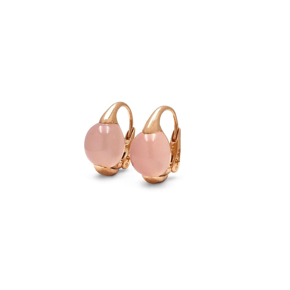 Authentic Pomellato Luna earrings crafted in high polished 18 karat rose gold and featuring round quartz cabochons. The earrings measure 18.9 mm in length. Signed Pomellato, 750, serial number and hallmark. The earrings are presented with the papers