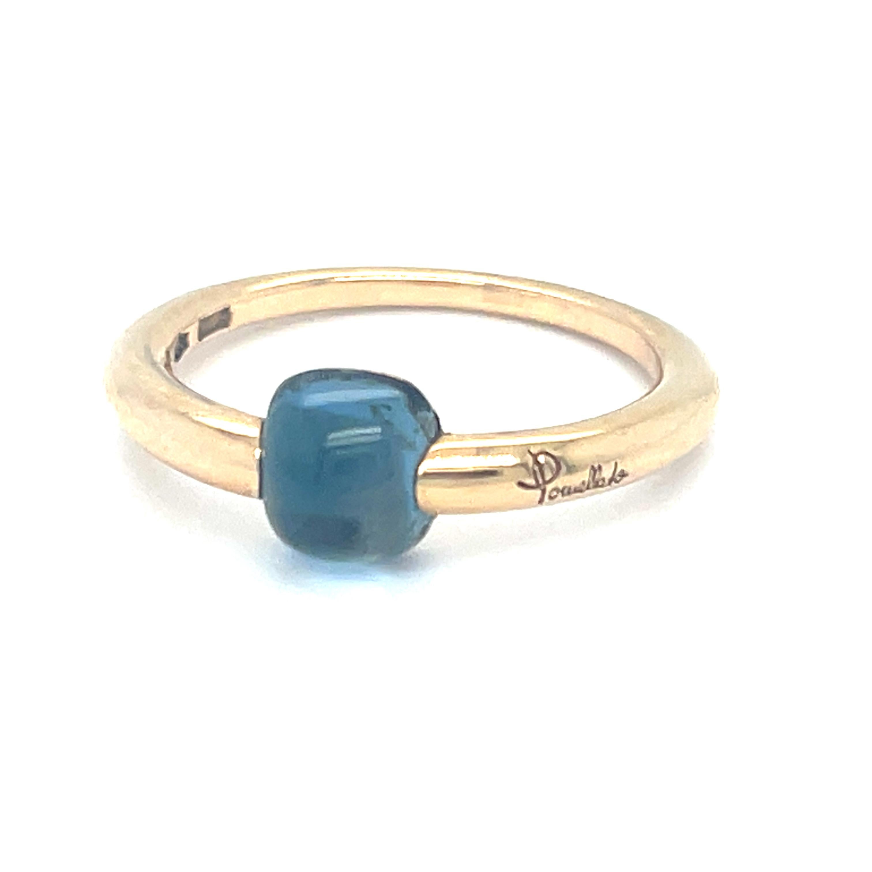 Gorgeous Pomellato Ring
Features Light Blue Cabochon Gemstone
Width of Band at Reverse = 1.5 mm Appx
Total Mass = 3.8 grams
Piece is in Good Condition overall. Stone has some minor abrasions. See photos for details.

Reference Item #DB-1393 JP