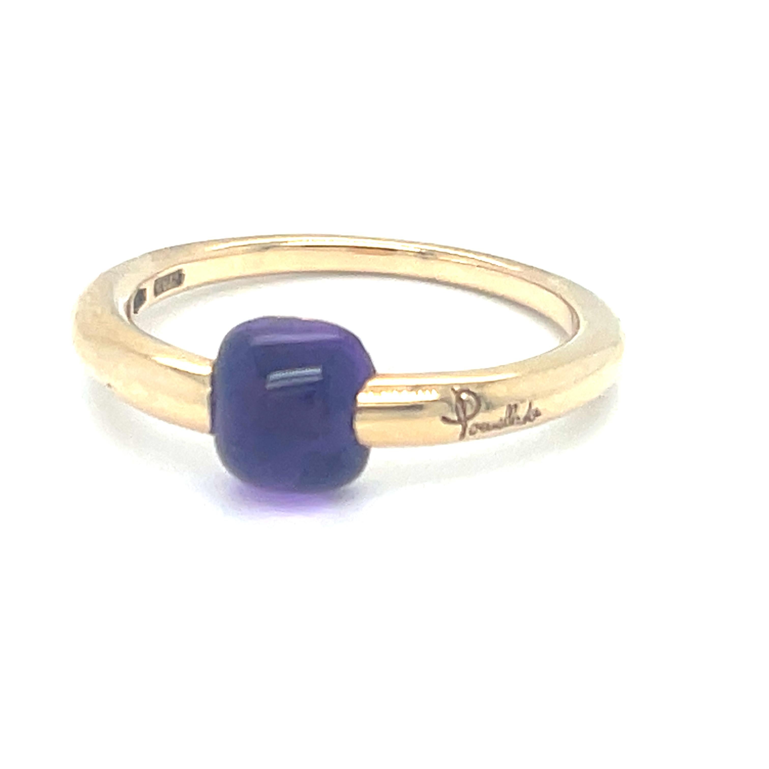 Gorgeous Pomellato Ring
Features Blueish Purplish Cabochon Gemstone
Width of Band at Reverse = 1.5 mm Appx
Total Mass = 3.6 grams
Piece is in Good Condition overall. Stone has some minor abrasions. See photos for details.

Reference Item #DB-1392 JP