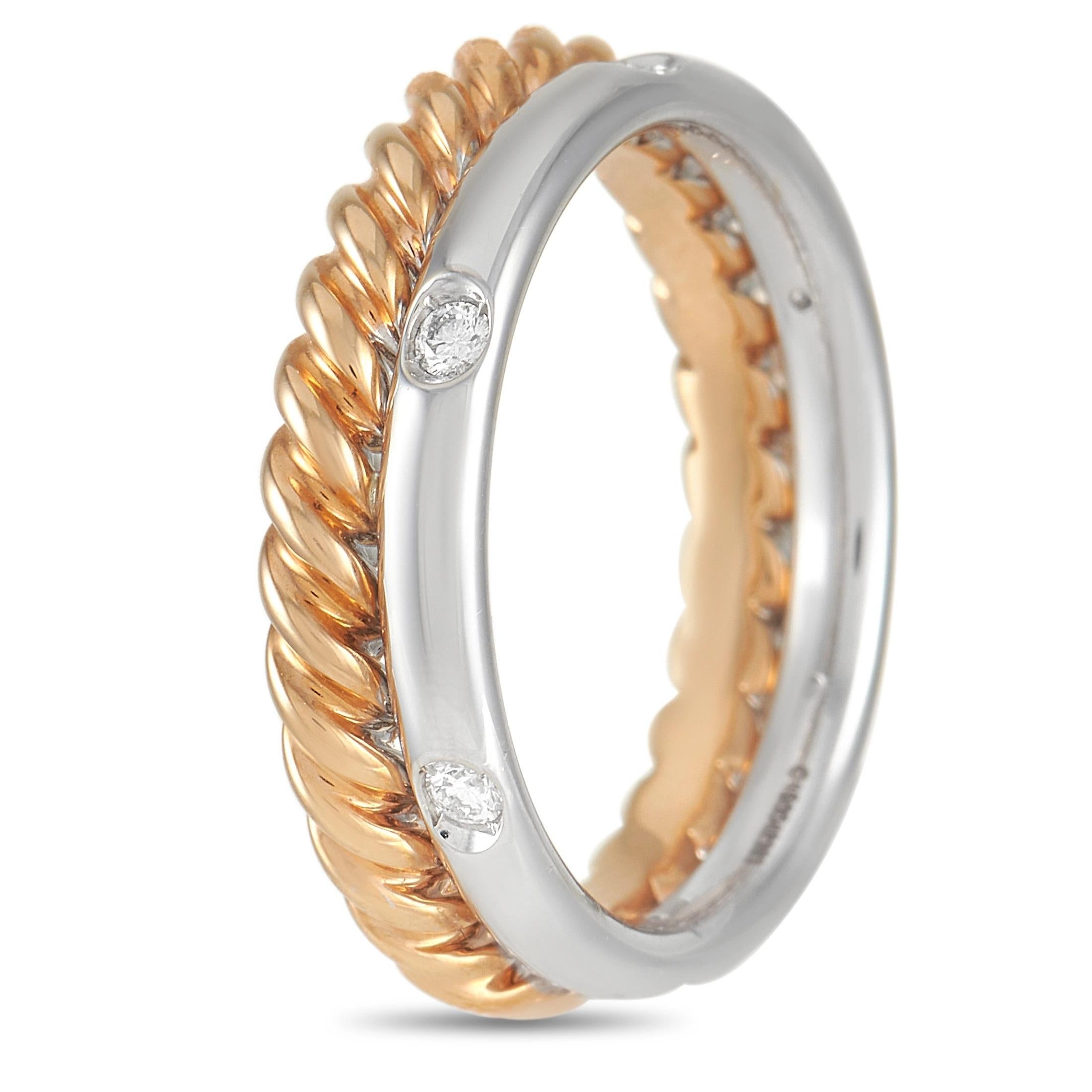 18K Rose Gold and 18K White Gold are beautifully juxtaposed on this stacked Pomellato Milano ring. Incredibly charming, this dynamic design pairs a textured gold band with a sleek white gold band dotted with glittering diamonds totaling 0.13 carats.