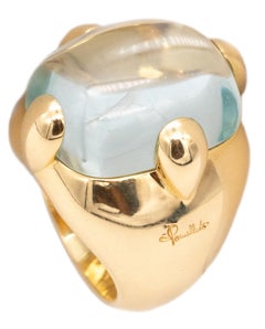 Retro Pomellato Milano Large 18Kt Gold Cocktail Ring With 17.04 Cts Blue Aquamarine