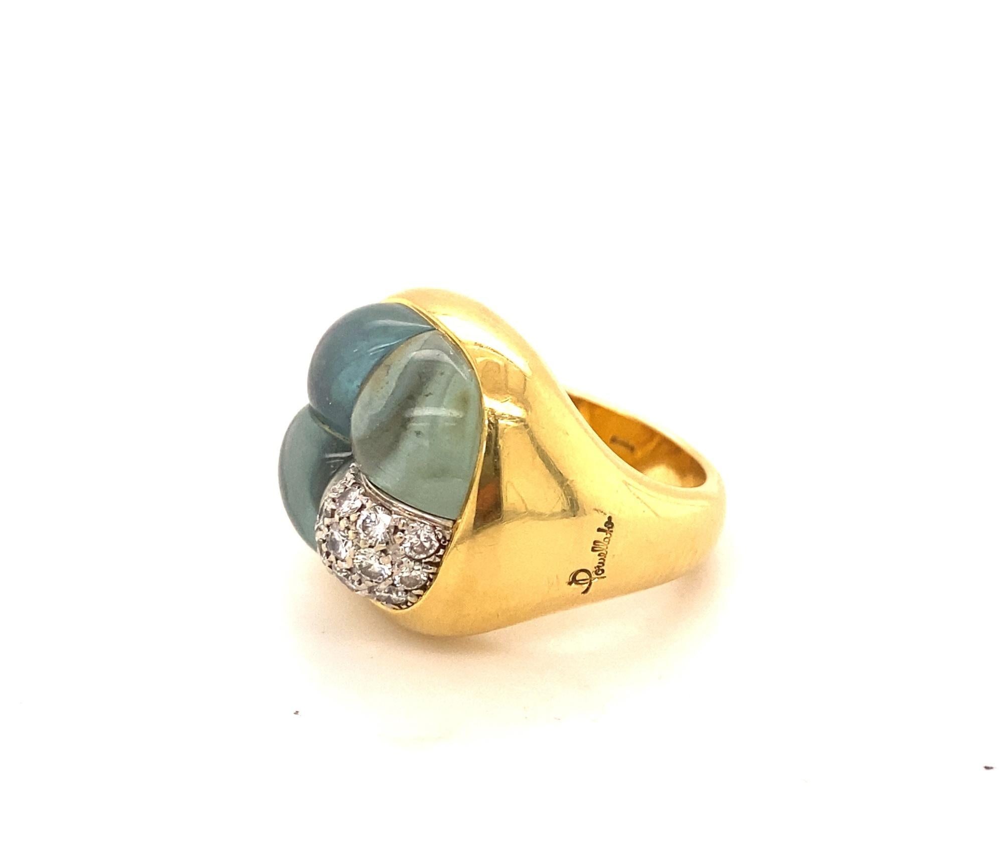 Pomellato Mosaico Aquamarin-Diamantring aus 18 Karat Gelbgold (Cabochon) im Angebot