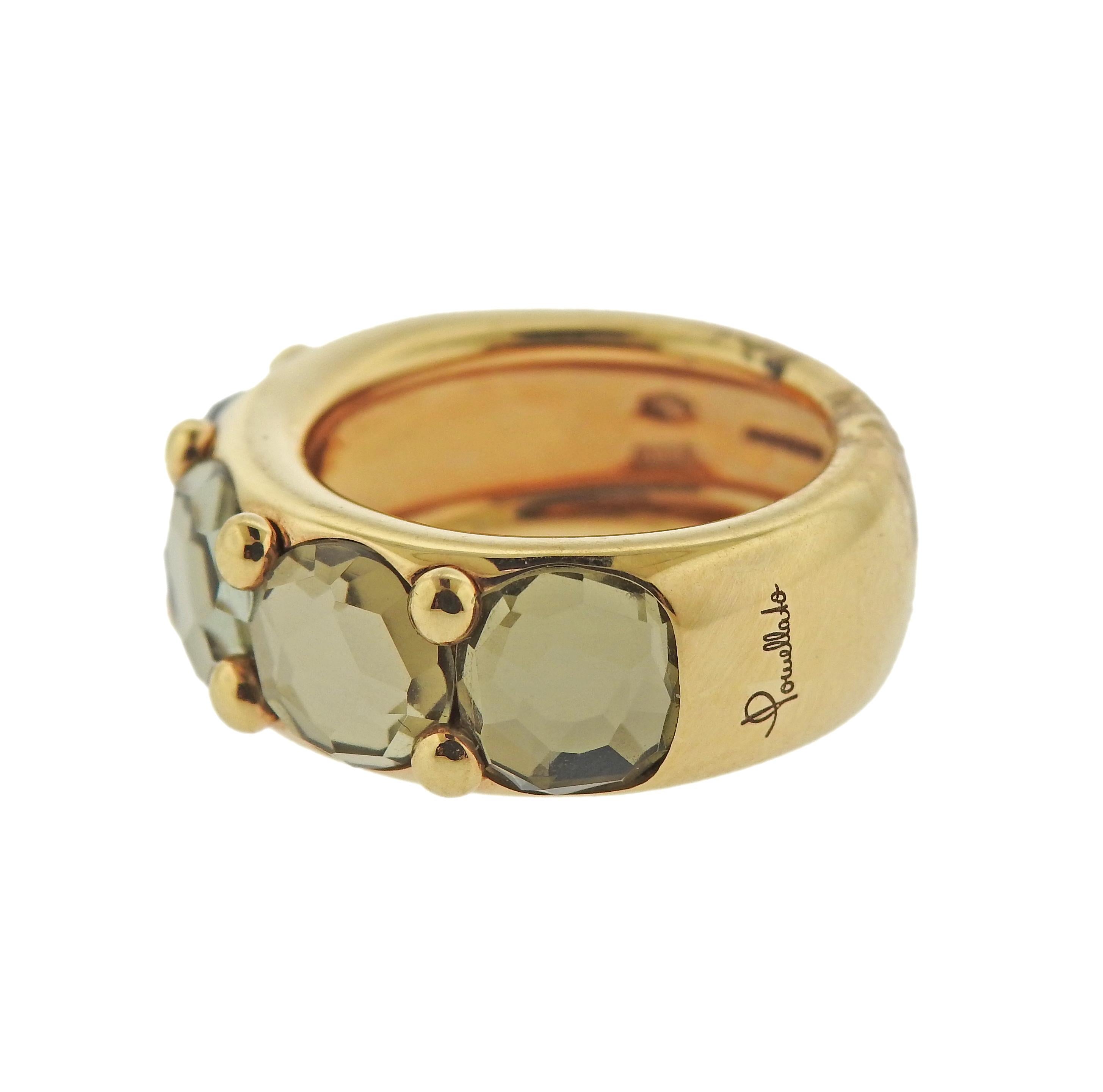 18k gold Narciso ring by Pomellato, with faceted prasiolites. Ring size - 6.75, ring is 8.5mm wide. Marked with serial number, Italian mark, 750 and Pomellato. Weight - 15.7 grams.
