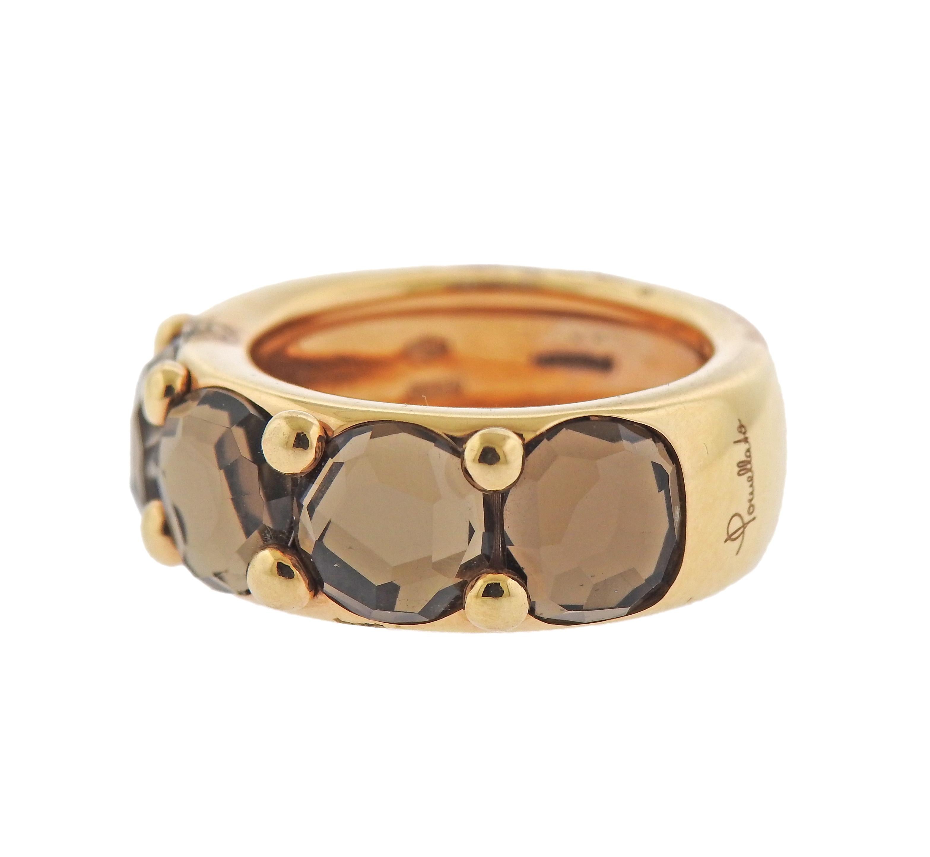 18k gold Narciso ring by Pomellato, with faceted smokey topaz. Ring size - 6.75, ring is 8.5mm wide. Marked: Pomellato, 750, Italian mark and serial number. Weight - 15.8 grams.