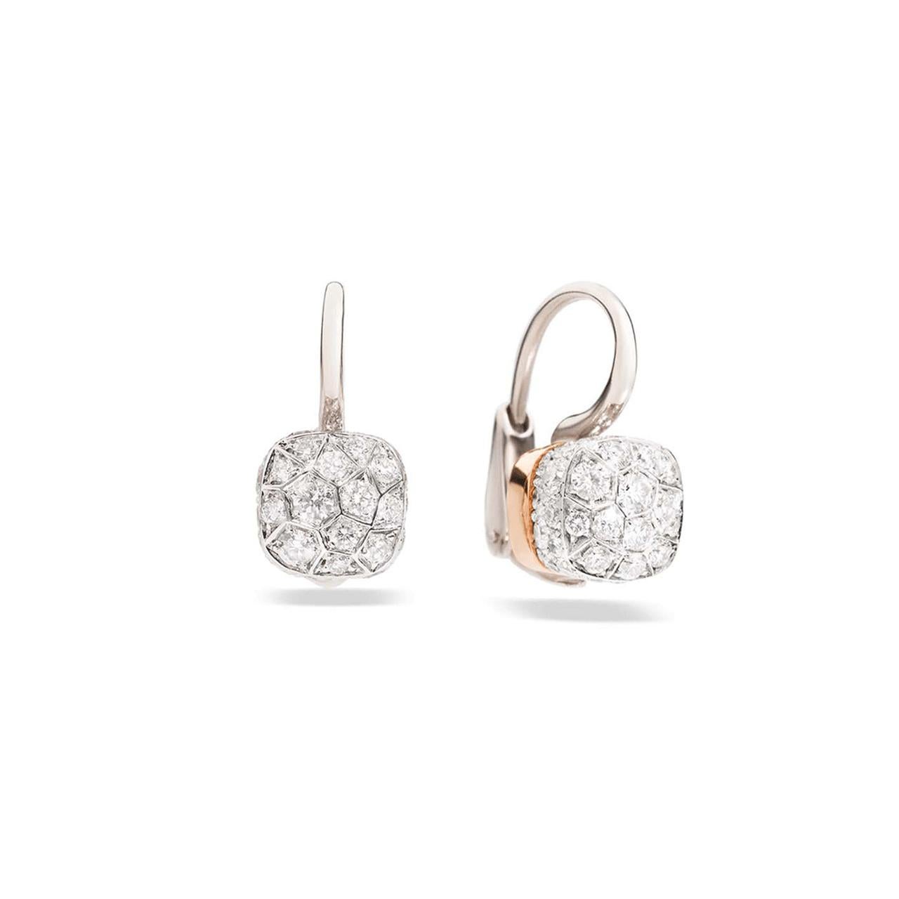 Earrings in the unmistakable Nudo silhouette featuring a precious pavé, making for doubly charming stones. Earrings in 18K white and rose gold, diamonds .84 ct.