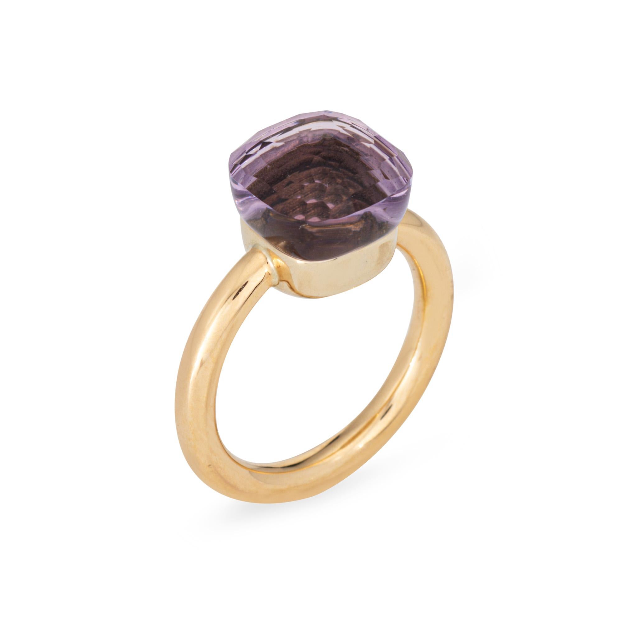 Finely detailed estate Pomellato amethyst Nudo ring, crafted in 18 karat yellow gold. 

Faceted amethyst measures 10.5mm x 10.5mm. The amethyst is in very good condition and free of cracks or chips. 

From the 'Nudo' collection the light amethyst is