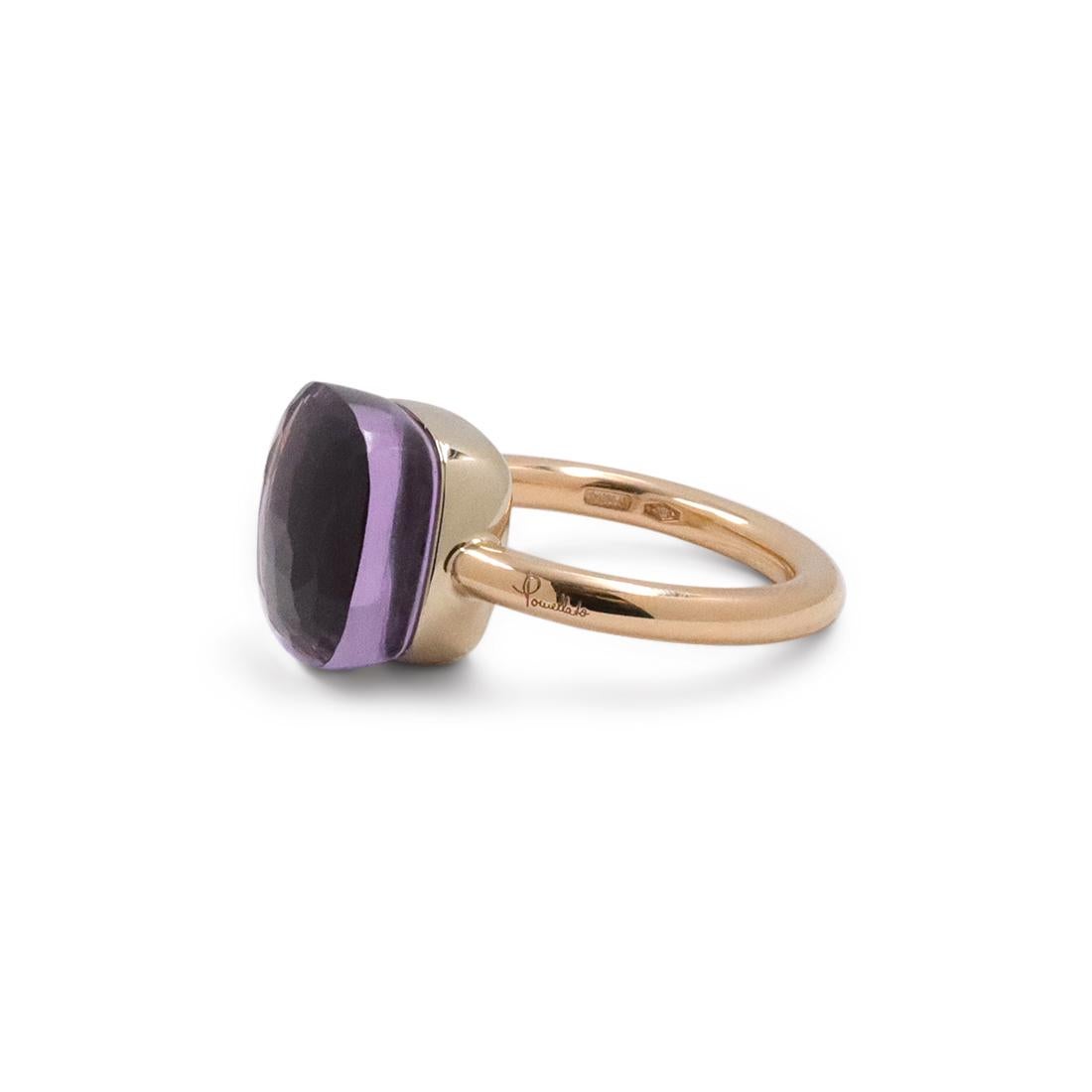 Authentic Pomellato Nudo Classic ring crafted in 18 karat rose gold and featuring a faceted amethyst stone measuring 12.5mm x 12.5mm. Signed Pomellato. Ring size 5 3/4. The ring is presented with the original box, no papers. CIRCA 2010s.

Brand: