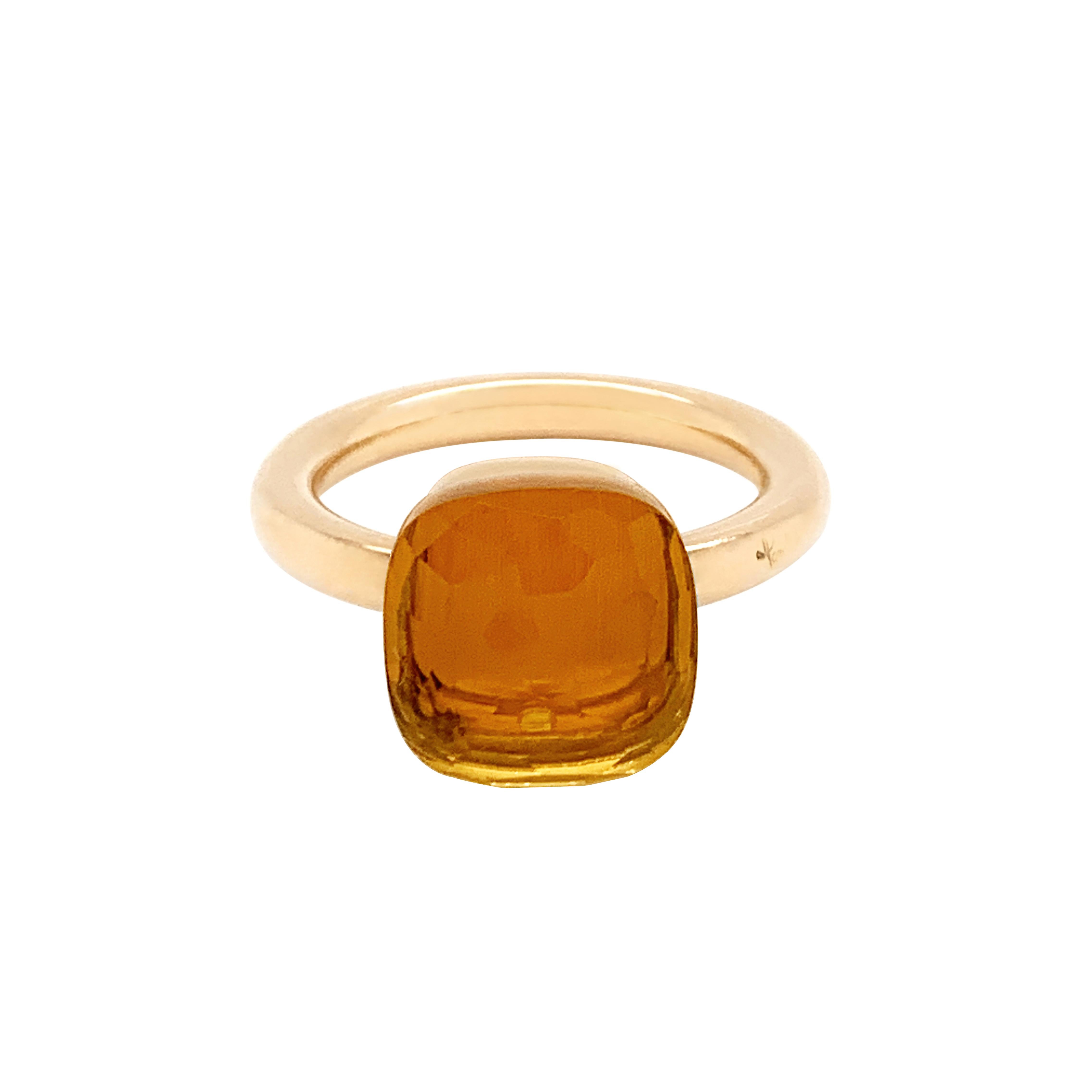 From the classic Pomellato 'Nudo' collection, a beautiful citrine quartz measuring approximately 10mm x 10mm and weighs approximately 5.00 carat mounted in 18 carat rose gold. The ring features the classic Pomellato signature and hallmarks. UK