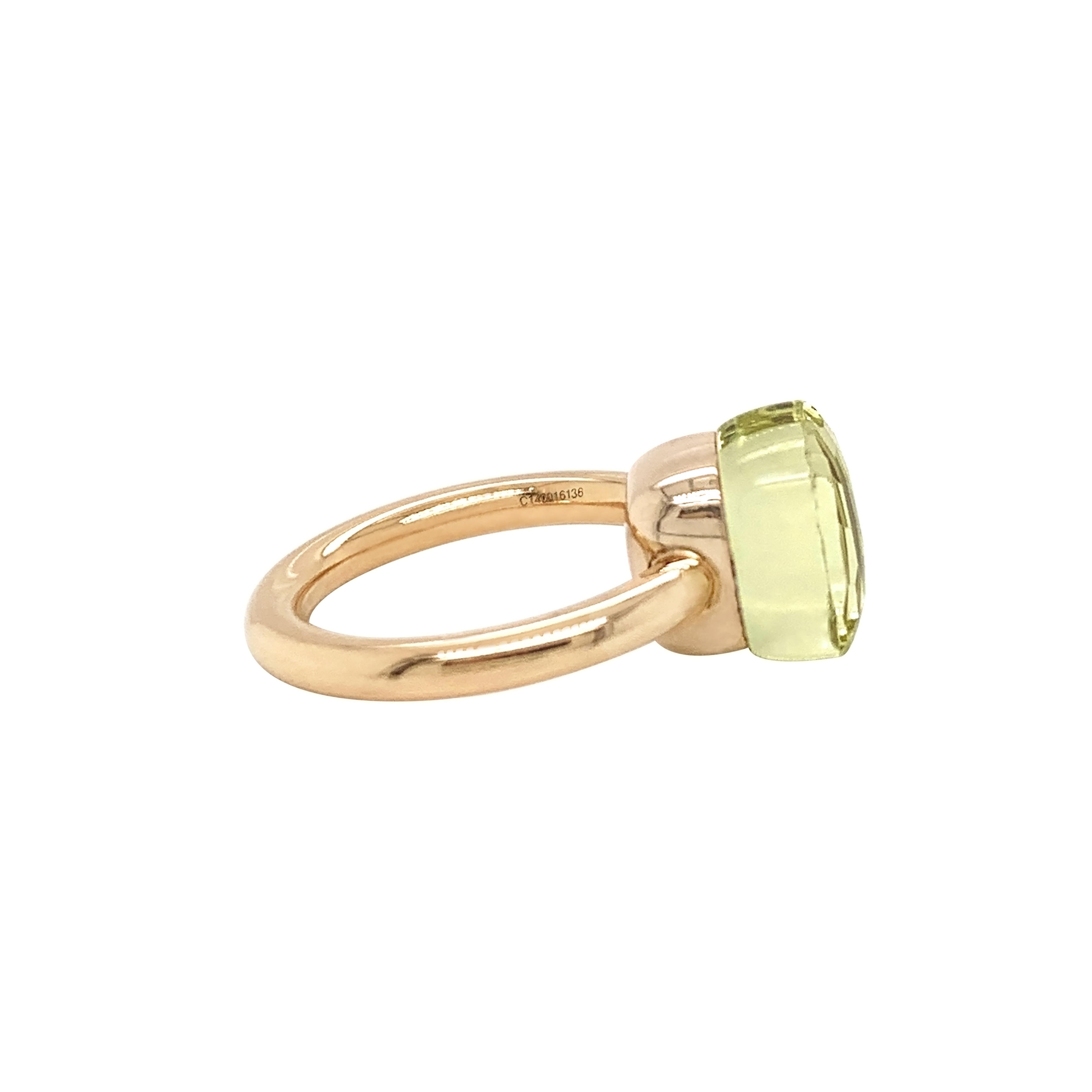 From the classic Pomellato 'Nudo' collection, a beautiful lemon quartz measuring approximately 10mm x 10mm and weighs approximately 5.00 carat mounted in 18 carat rose gold. The ring features the classic Pomellato signature and hallmarks. UK finger