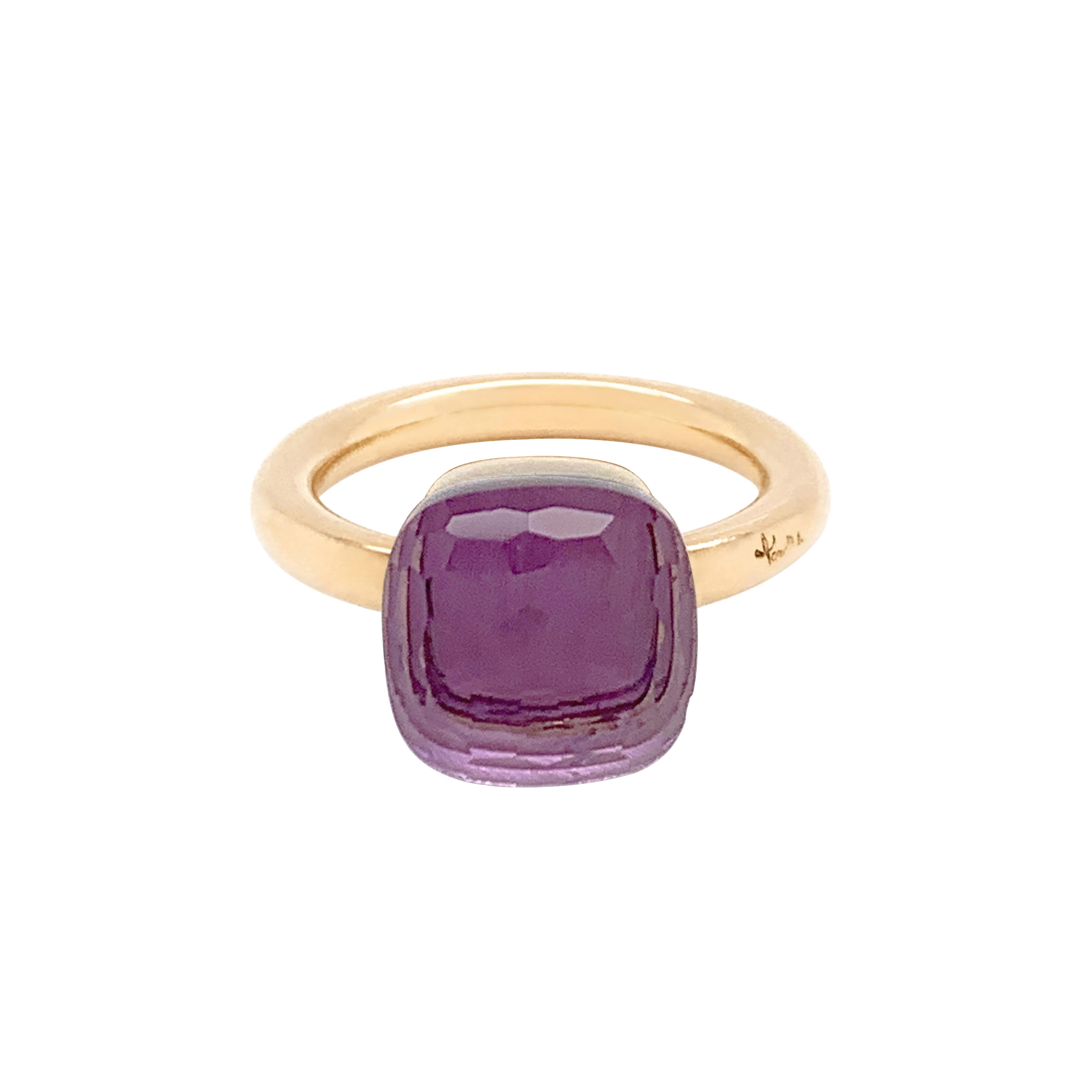 From the classic Pomellato 'Nudo' collection, a beautiful Rose De France amethyst measuring approximately 10mm x 10mm and weighs approximately 5.00 carat mounted in 18 carat rose gold. The ring features the classic Pomellato signature and hallmarks.
