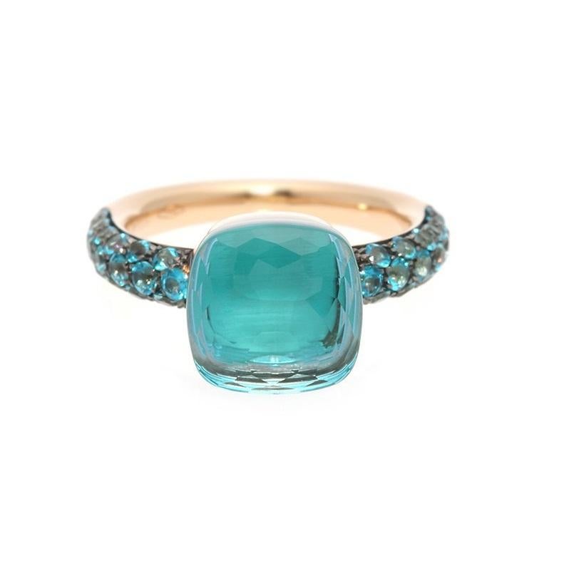 Pomellato dives into Mediterranean inspiration with the intense blue gemstones of Nudo
Ring in 18K rose and white gold.
1 sky blue topaz, 1 agate 10 ct, 38 thermal topaz 0.5 ct. 
Ring Size 52
A.B904O6OYTTP
