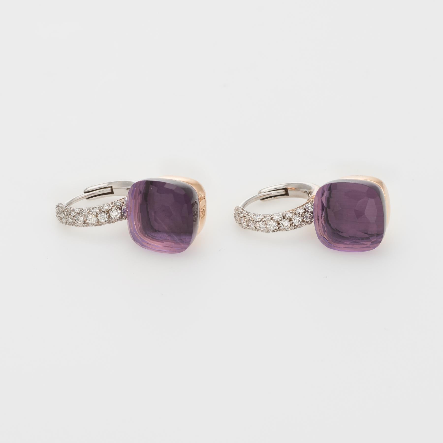 Finely detailed estate Pomellato Nudo earrings, crafted in 18 karat rose & white gold. 

Faceted amethyst each measures 10.4mm, (estimated at 5 carats each - 10 carats total estimated weight). The diamonds total an estimated 0.55 carats (estimated