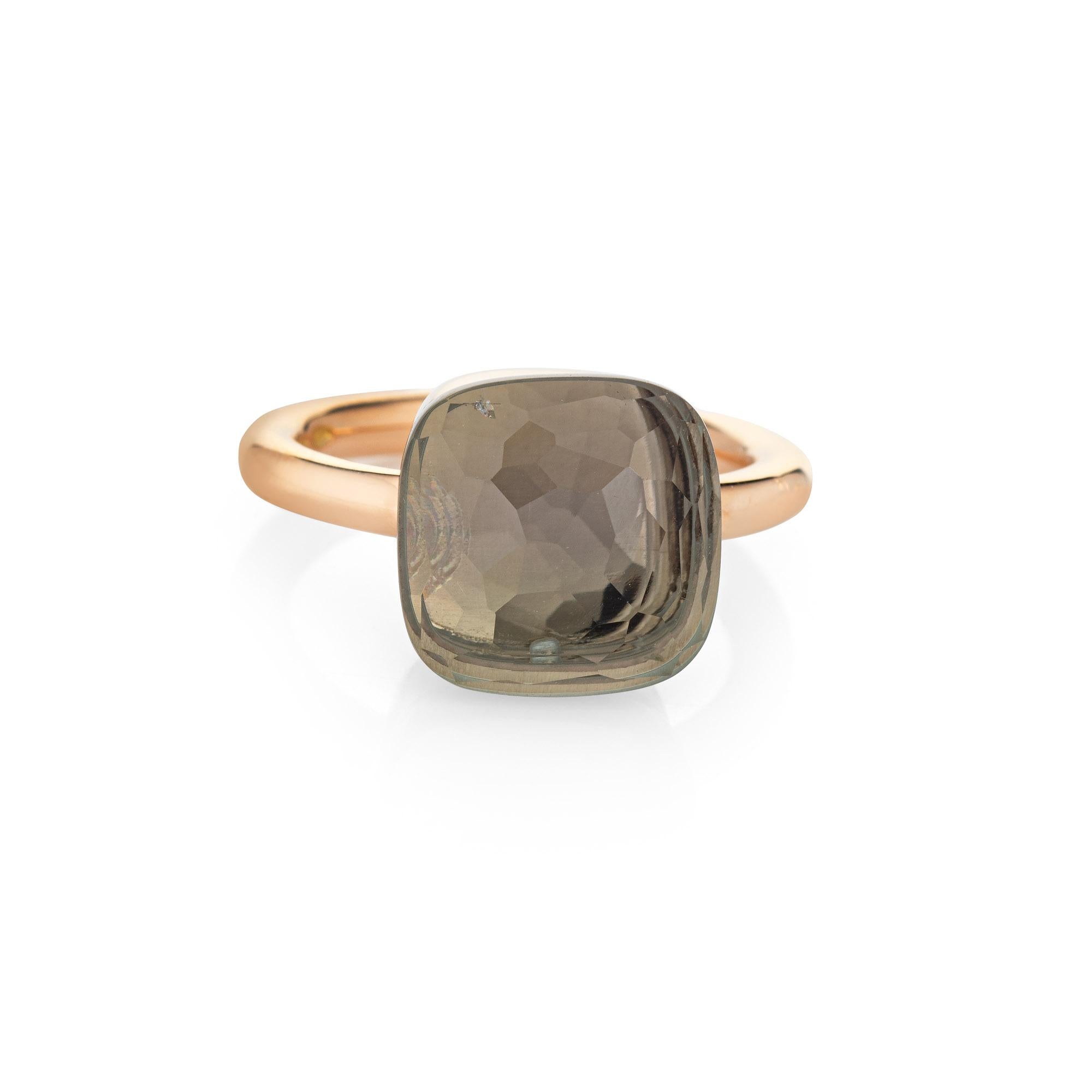 Finely detailed estate Pomellato Nudo Maxi prasiolite ring, crafted in 18 karat rose gold. 

Faceted prasiolite measures 12.5mm (estimated at 11 carats). The stone is in good condition with one small chip visible under a 10x loupe.   

The ring is