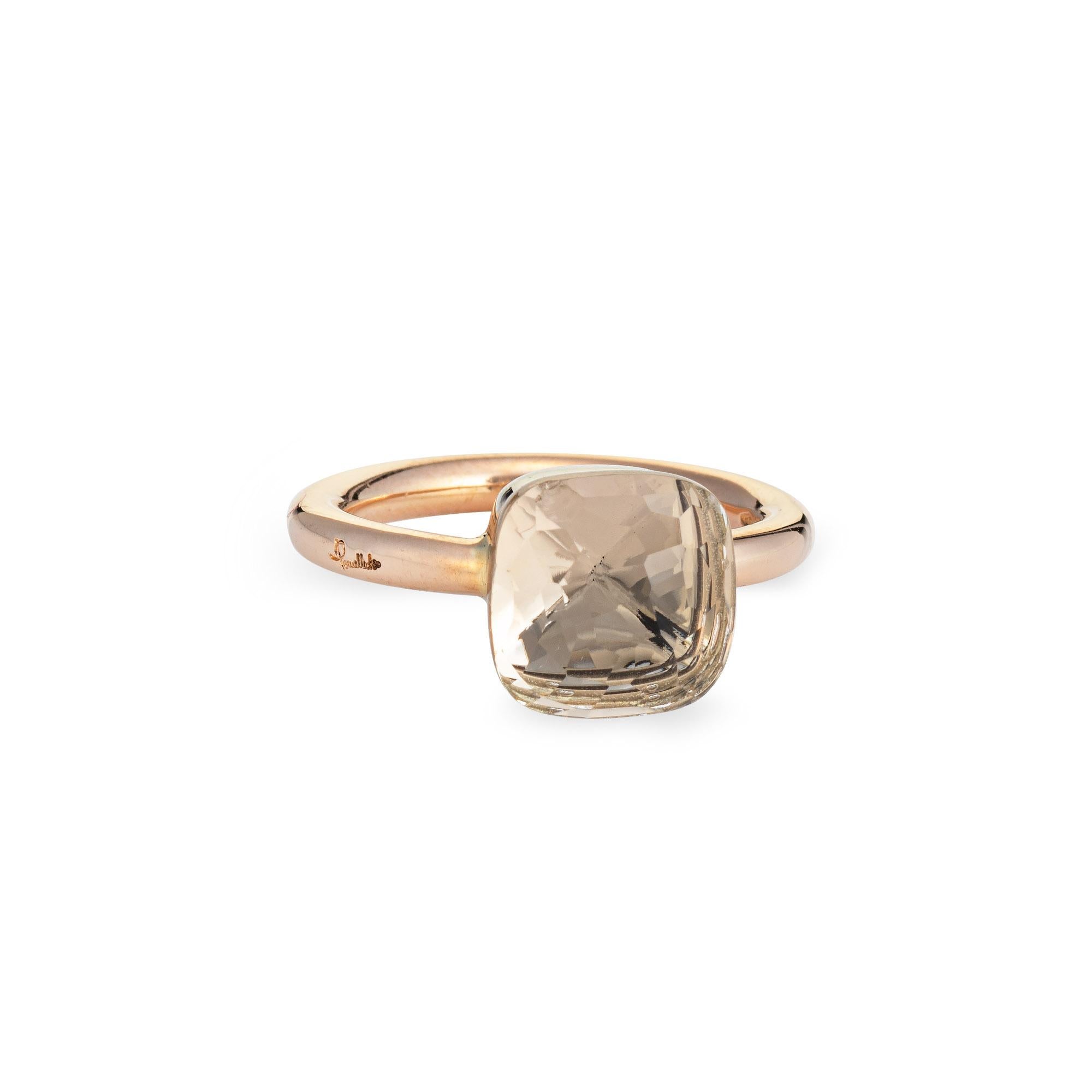 Finely detailed estate Pomellato prasiolite Nudo ring, crafted in 18 karat yellow gold. 

Faceted prasiolite measures 10.5mm x 10.5mm. Note: slight chip to the stone visible under a 10x loupe. The prasiolite stone is a light sea green color (the