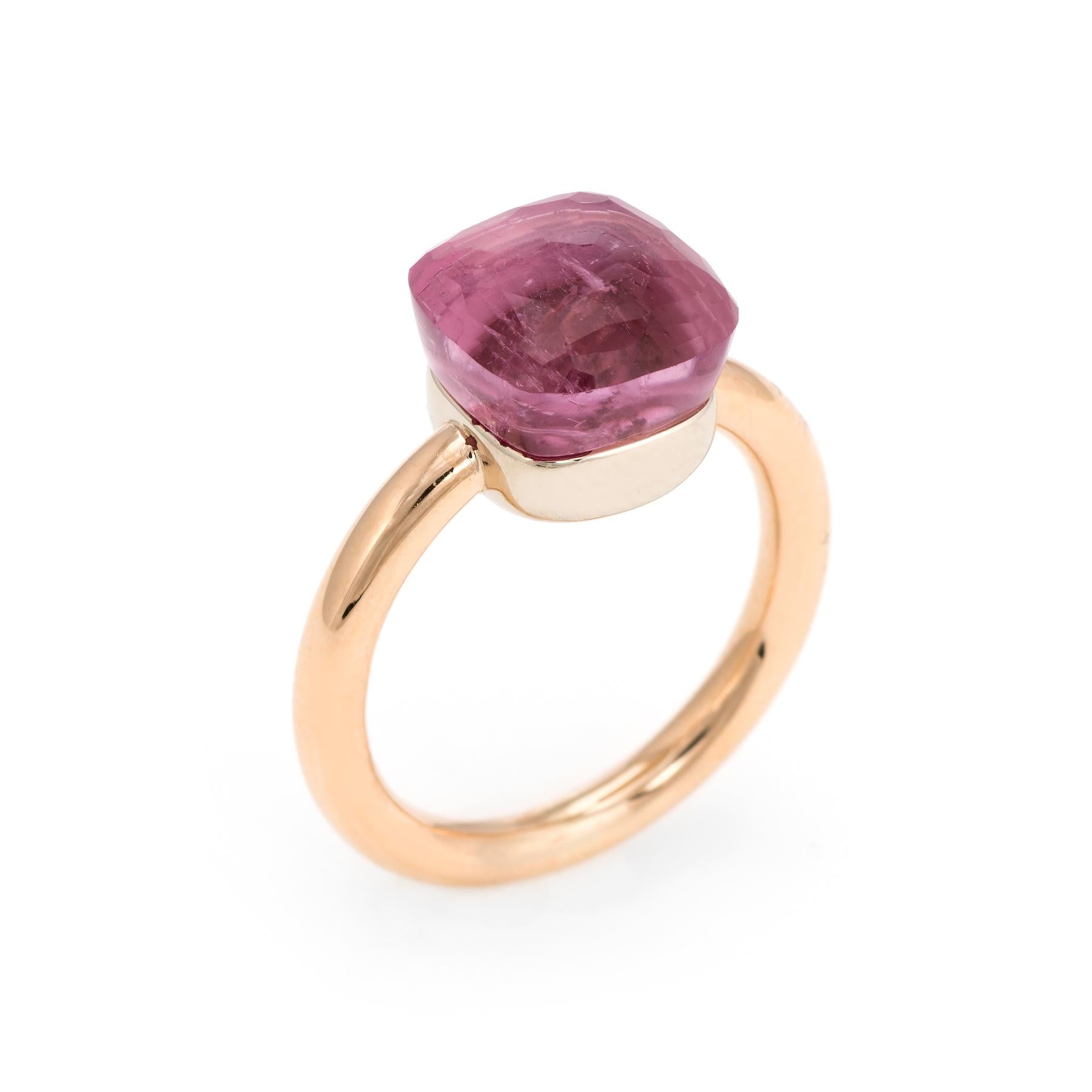 Finely detailed estate Pomellato Nudo ring, crafted in 18 karat yellow gold. 

Faceted pink tourmaline measures 10mm x 10mm (estimated at 5 carats). The pink tourmaline is in excellent condition and free of cracks or chips. The tourmaline exhibits a
