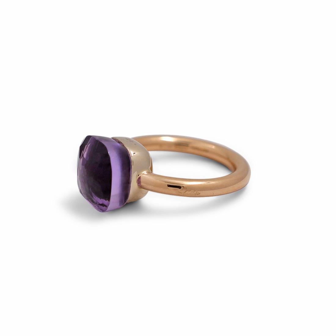 Authentic Pomellato Nudo ring crafted in 18 karat rose gold and featuring a faceted Amethyst stone measuring 10.4mm x 10.4mm. Signed Pomellato. Ring size 5 1/4 US or 50 EU. Not presented with original box or papers. CIRCA 2010s

Brand: