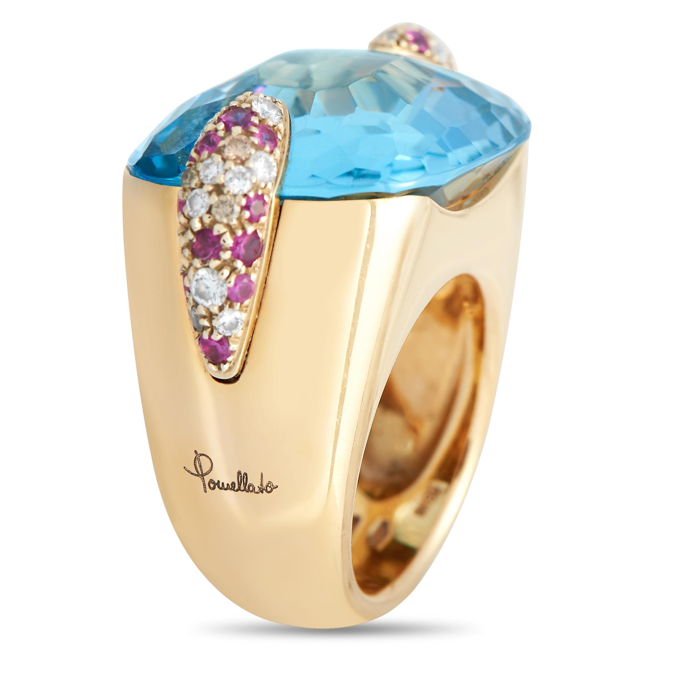 Draw attention to your unique style with this flamboyant yet elegant Pomellato Pin Up cocktail ring. It features a 10mm thick domed band in 18K yellow gold topped with an eye-catching cushion-cut topaz gemstone. Further securing and highlighting the