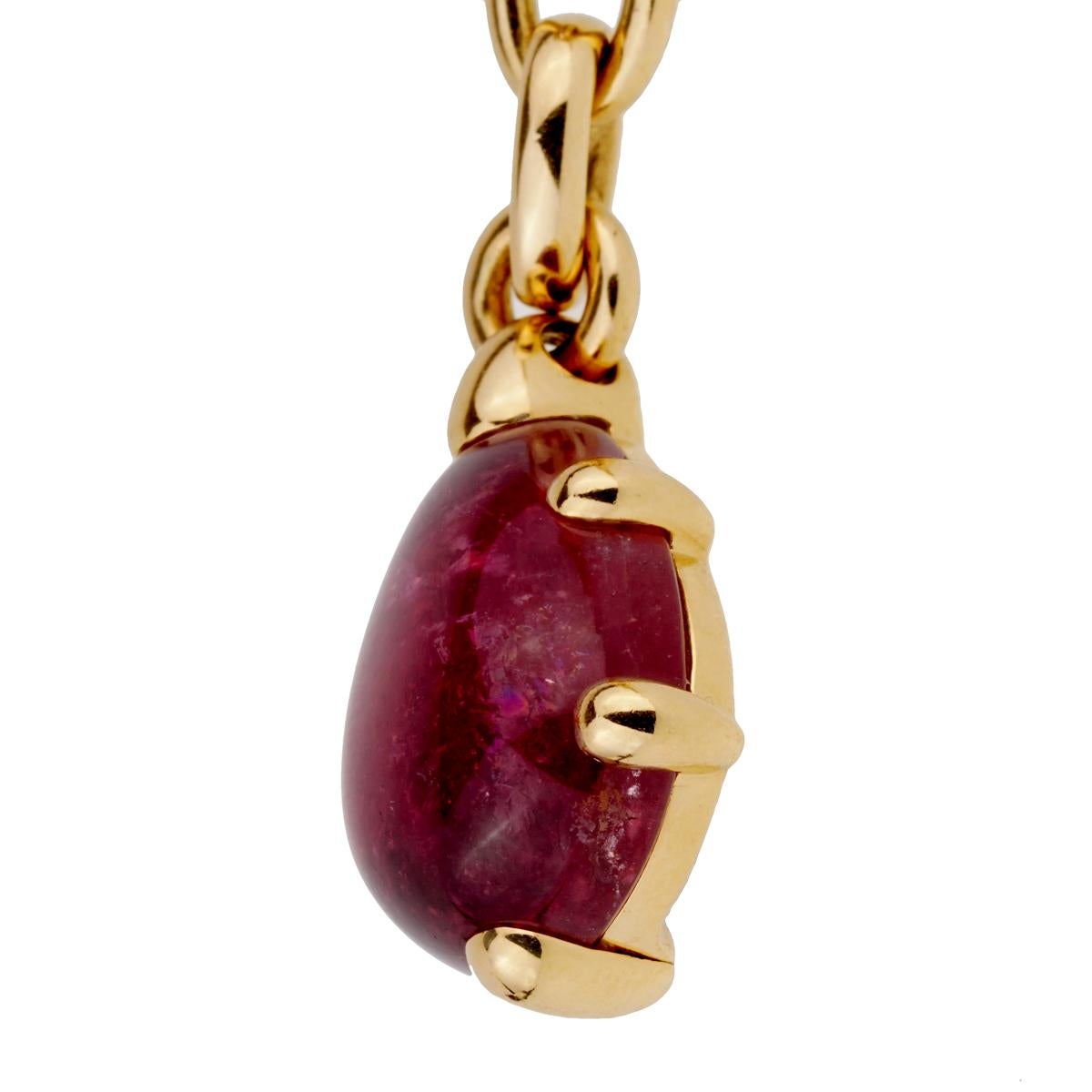 A magnificent Pomellato necklace featuring a pear shaped pink tourmaline in 18k yellow gold. The necklace weighs 98.4 grams
