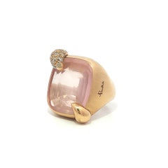 Pomellato Ritratto Oro 18k Quarzo rosa sfaccettato Diamante spazzolato Anello pesante 53