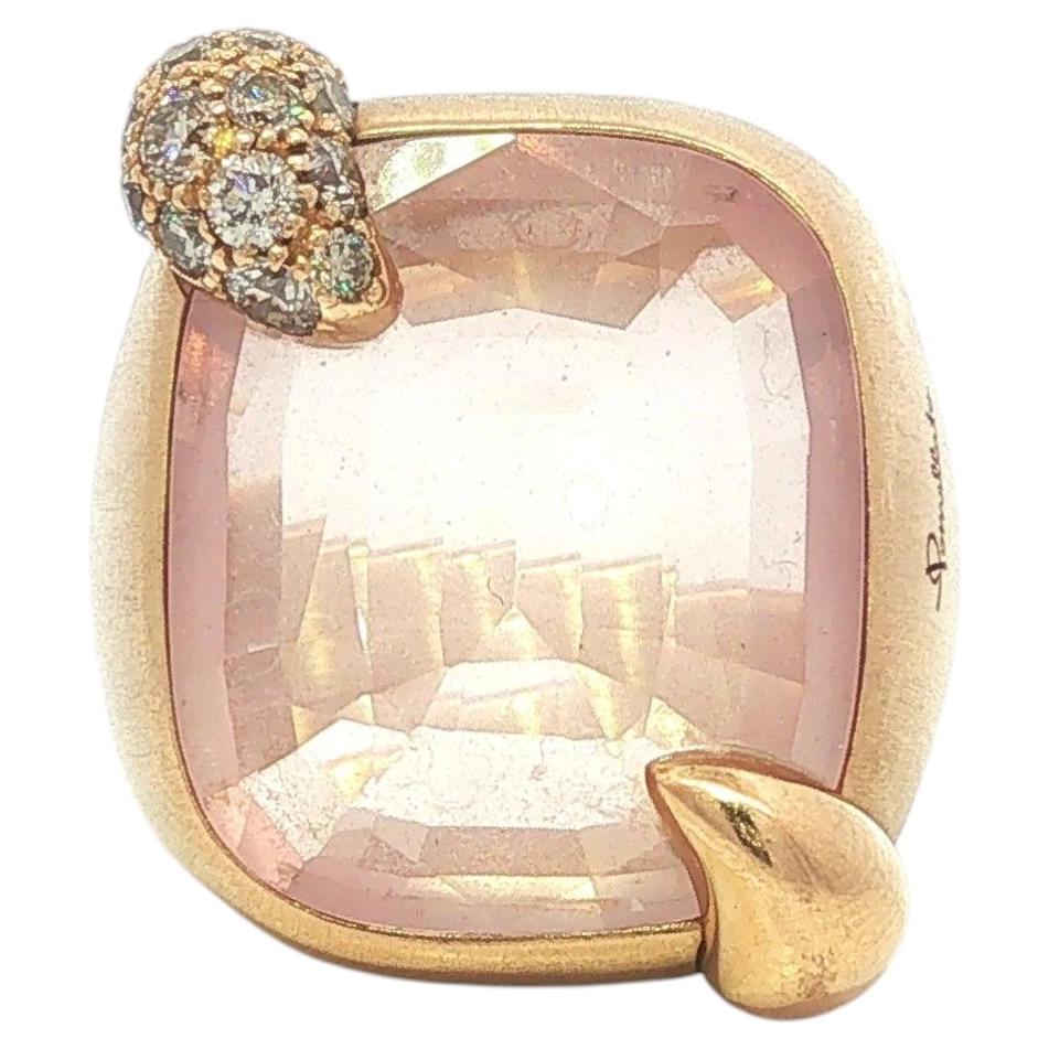 Pomellato Ritratto 18k Gold Faceted Rose Quartz Diamond Brushed Heavy Ring 53