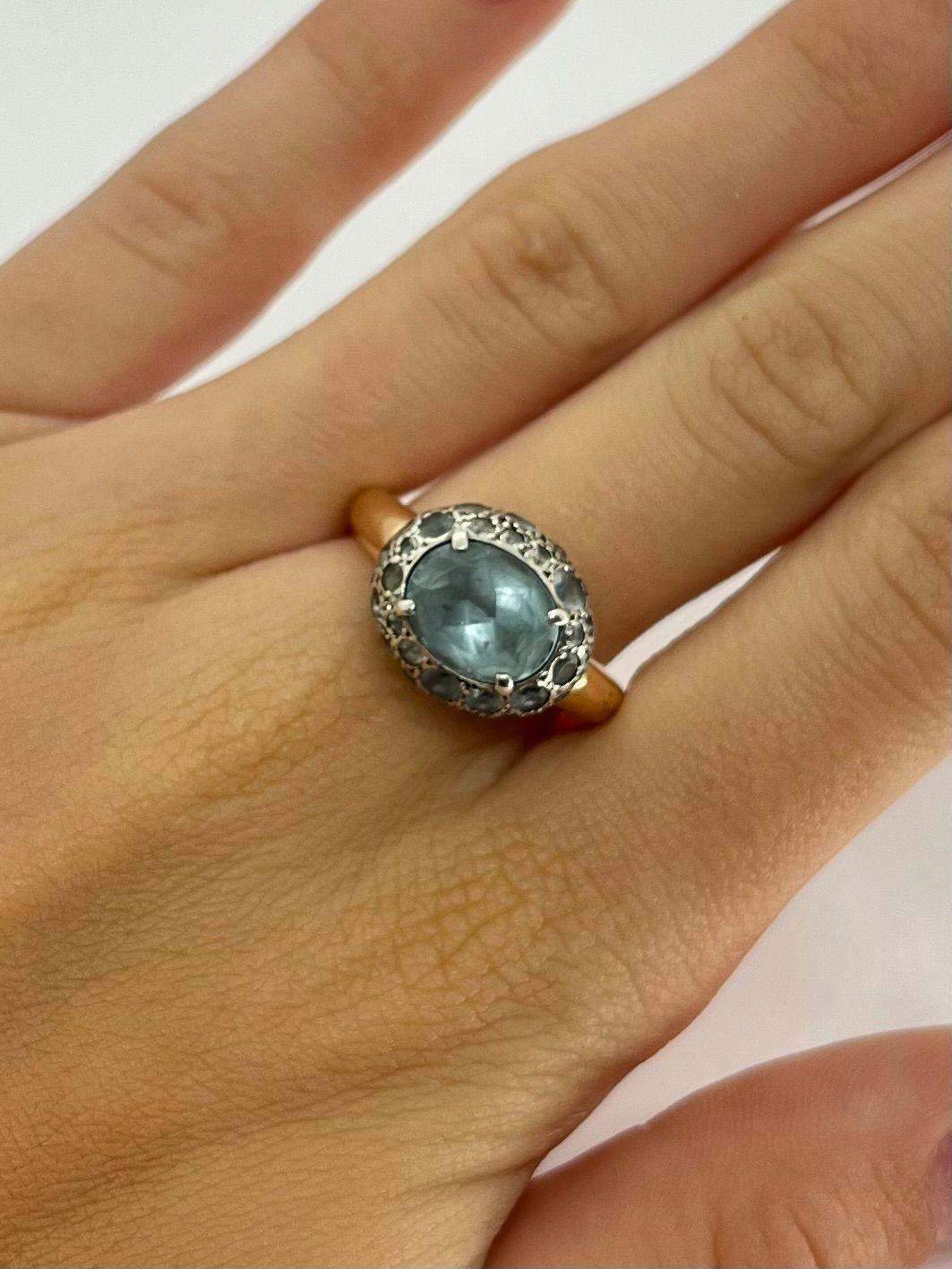Scopri l'eleganza di questo anello Pomellato, realizzato in oro rosa 18 carati (750/1000) e incastonato con una bellissima acquamarina centrale, completata da acquamarine più piccole. Pomellato, fondata a Milano nel 1967 da Pino Rabolini, ha