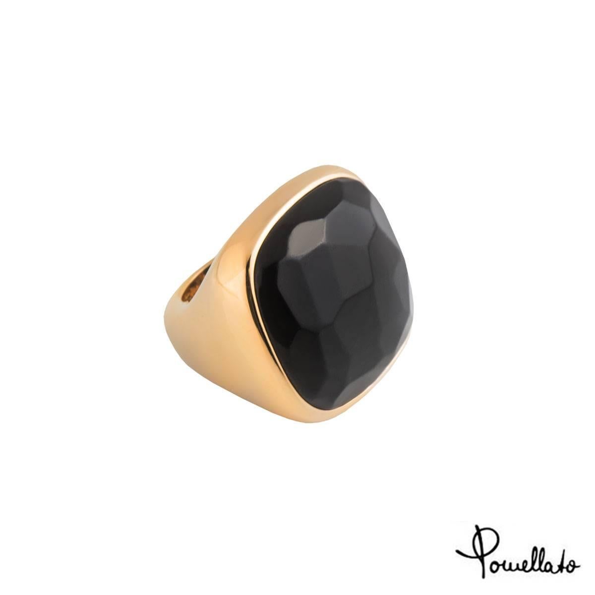 A lovely 18k rose gold onyx Pomellato ring. The ring comprises of a 25.00ct onyx gemstone in a rubover setting. The ring measures 2.8cm in height and width and is a size a UK size L½, US 6, EU 51.5 and has a gross weight of 35.60 grams.

The ring