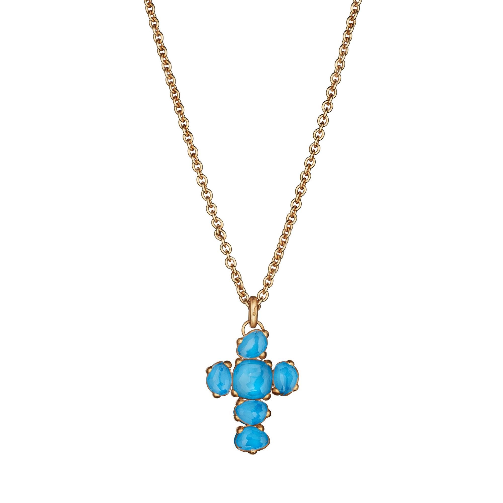 Mixed Cut Pomellato Rose Gold Turquoise & Rock Crystal Cross Pendant Necklace