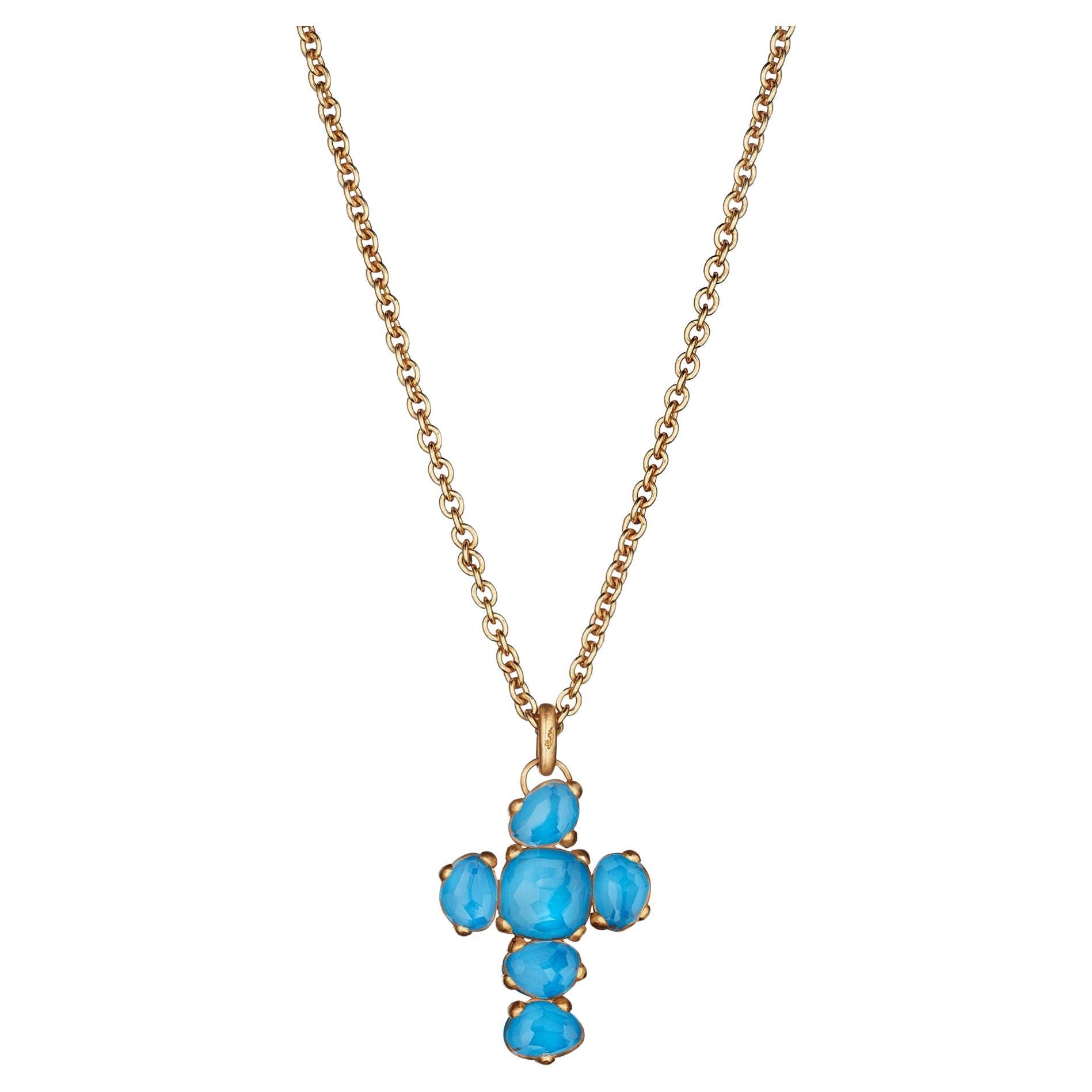 Pomellato Rose Gold Turquoise & Rock Crystal Cross Pendant Necklace