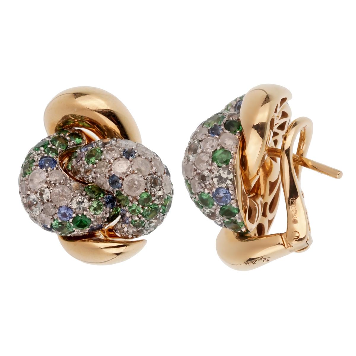 A fabulous set of brand new Pomellato rose gold diamond, and multicolor sapphire earrings. The diamonds weight 1.46ct surrounded by 1.50ct of sapphires in 18k rose gold.

Pomellato Retail Price: $16,900
Sku:2198
