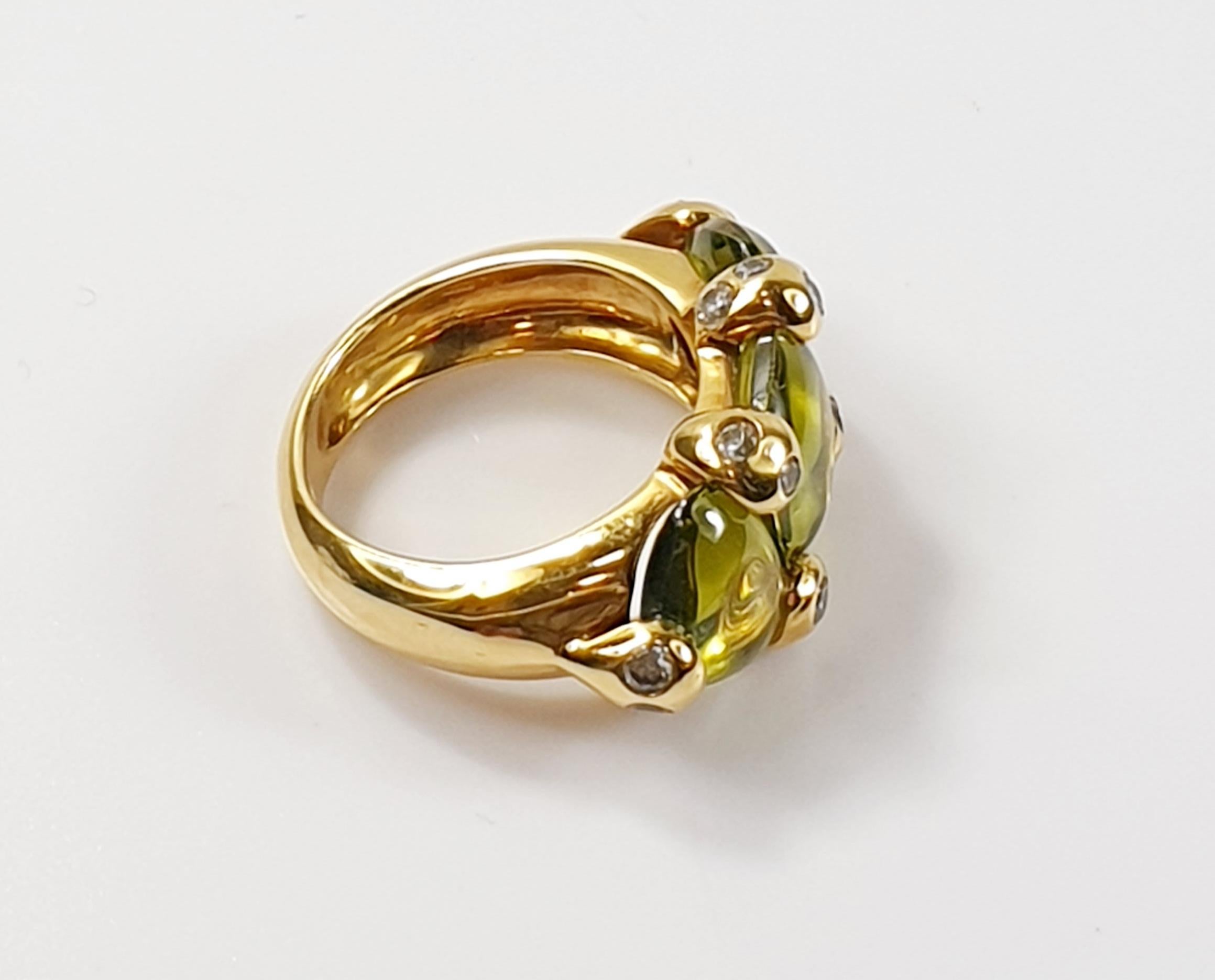 Brilliant Cut Pomellato Sassi Ring in Yellow Gold and Peridot Cabouchons and Diamonds