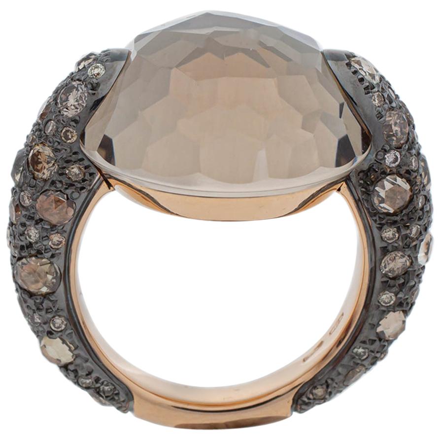 Pomellato Smoky Quartz & Diamond 18K Rose Gold Tango Ring Size 50.5