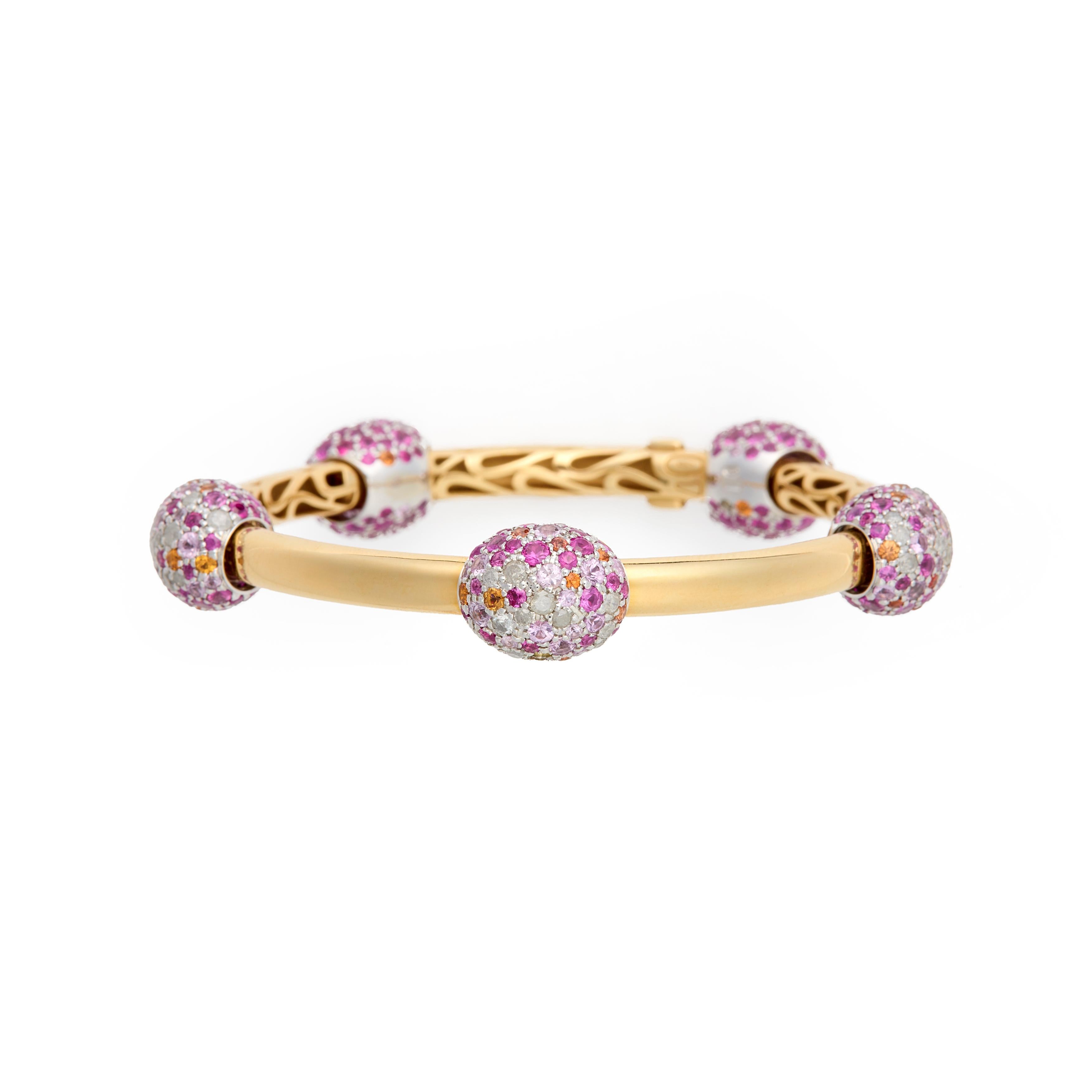 Retro Pomellato Tango 18k Gold, Pink Sapphire, Orange Sapphire and Diamond Bracelet For Sale