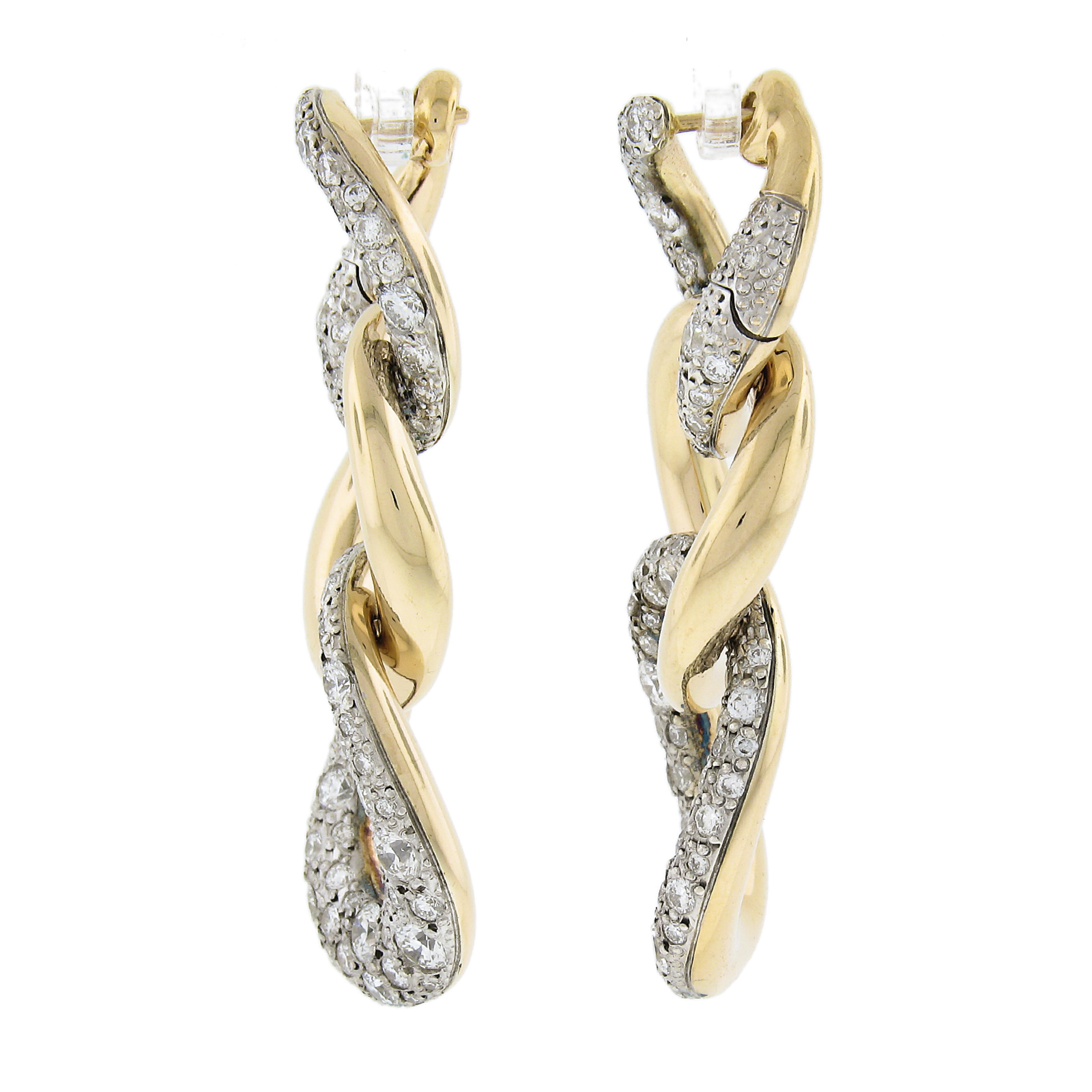 Round Cut Pomellato Tango 18K Gold & Silver 4.53ctw Pave Diamond Drop Dangle Earrings For Sale