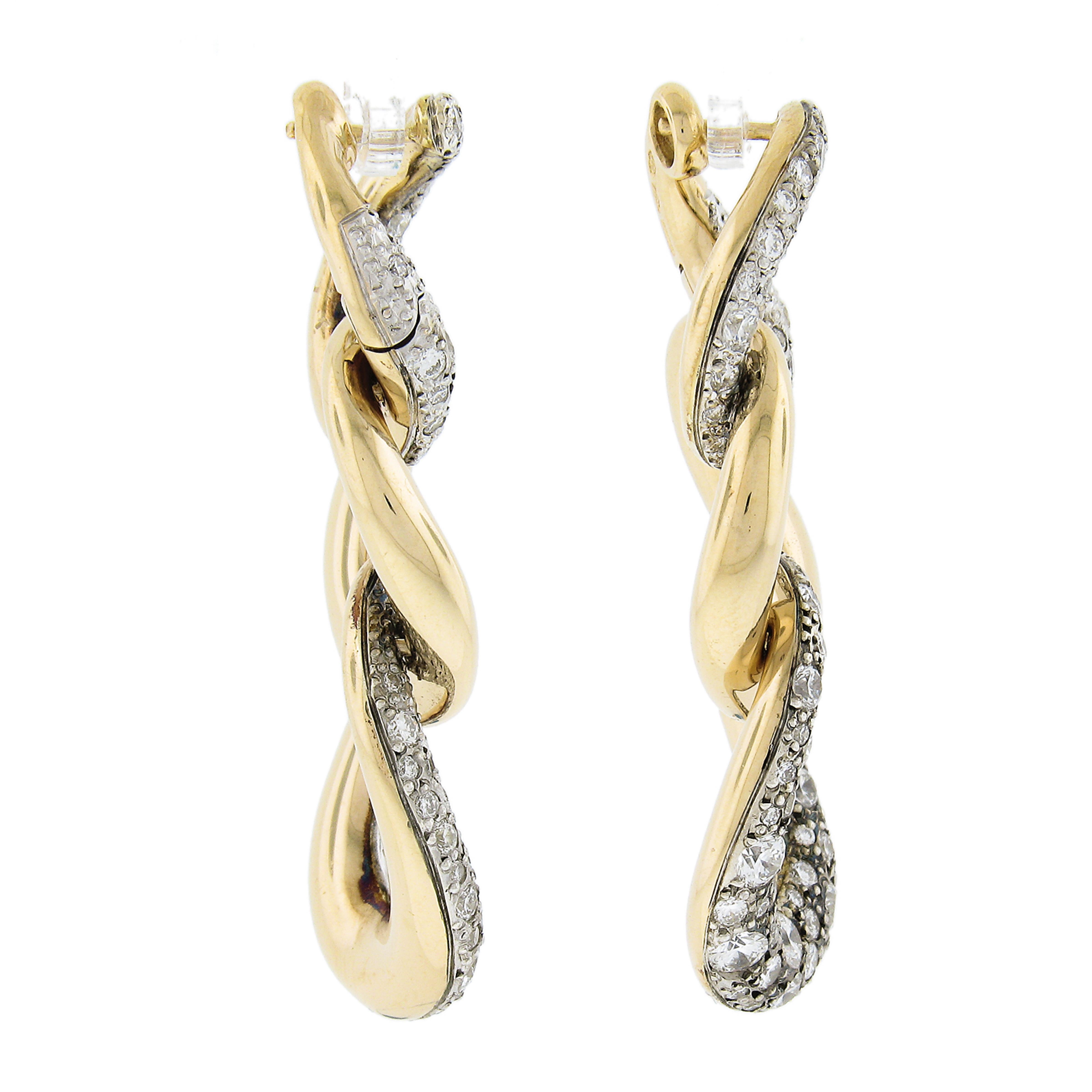 Pomellato Tango 18K Gold & Silver 4.53ctw Pave Diamond Drop Dangle Earrings In Excellent Condition For Sale In Montclair, NJ