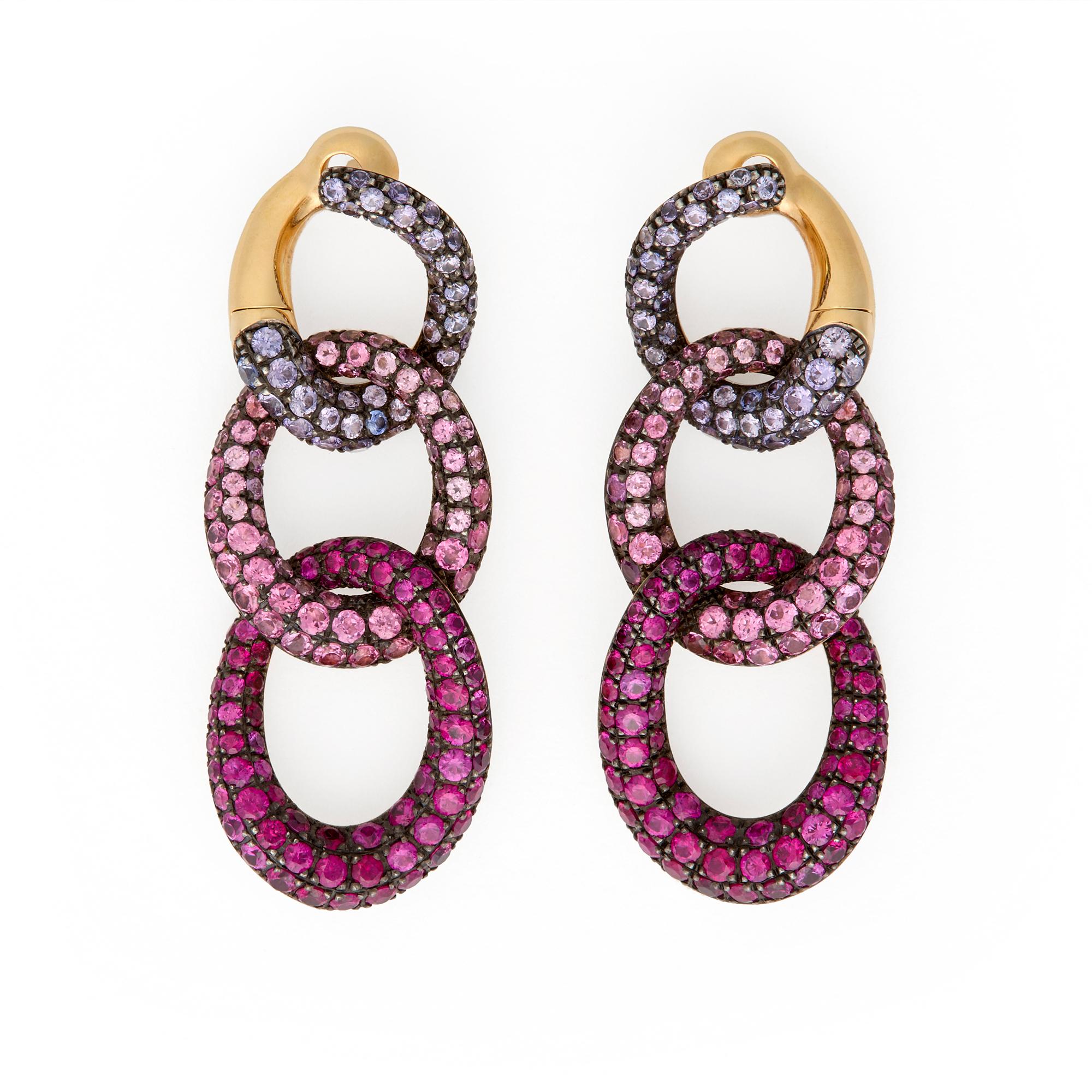 Round Cut Pomellato Tango 18k Yellow Gold Ruby and Sapphire Drop Earrings For Sale