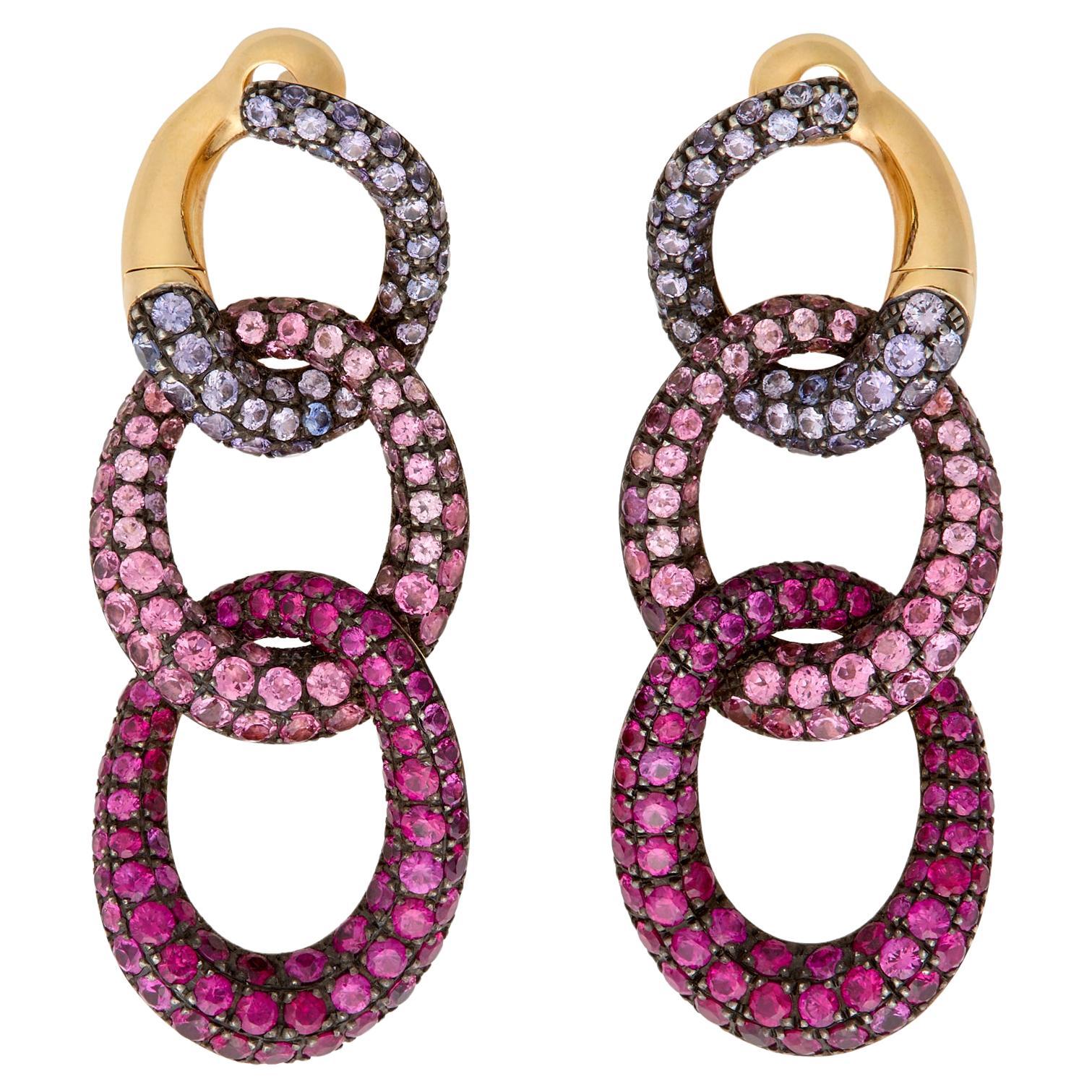 Pomellato Tango 18k Yellow Gold Ruby and Sapphire Drop Earrings For Sale