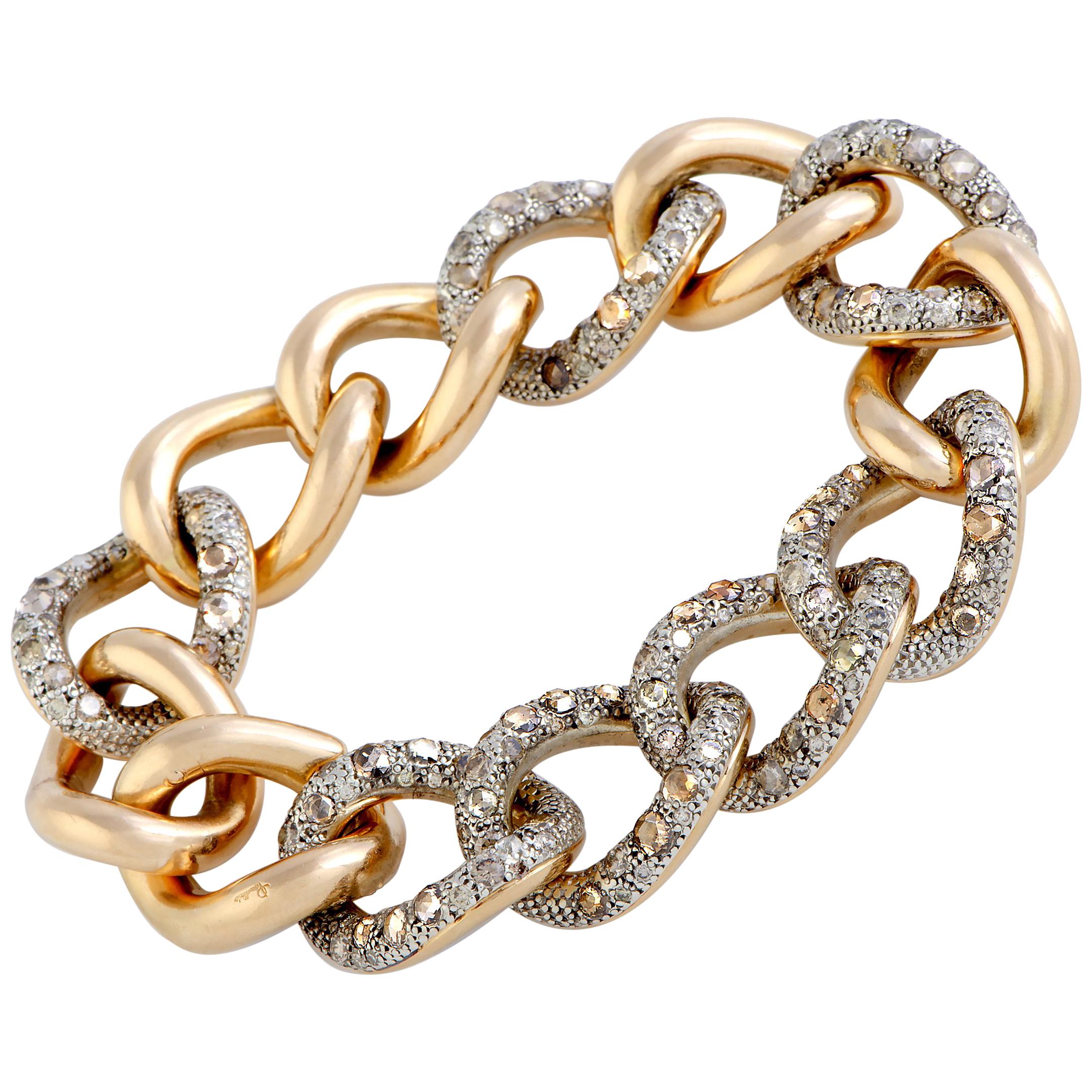 Pomellato Tango Champagne Diamond Yellow Gold and Silver Link Bracelet
