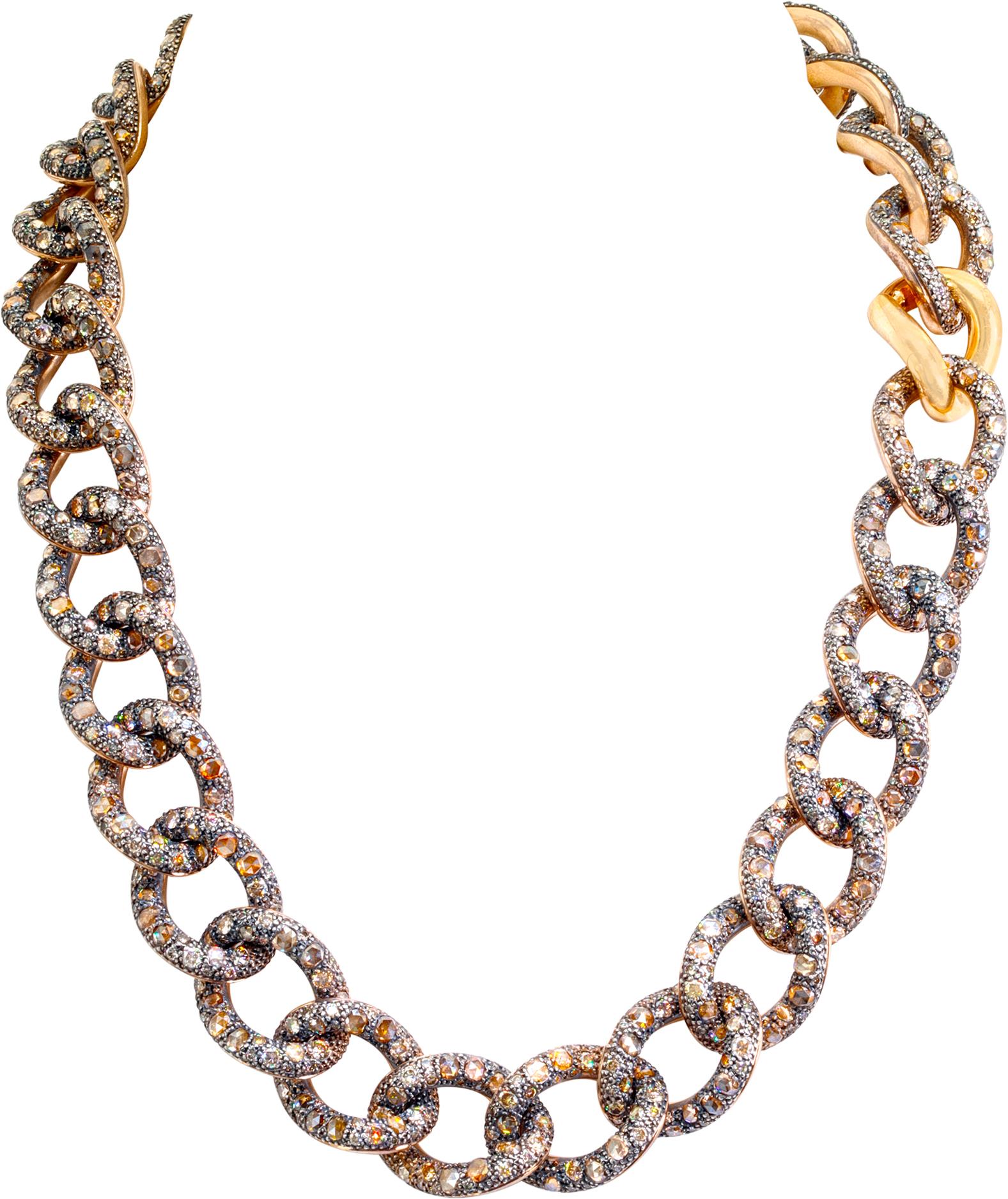 Collana di diamanti dal design lussuoso della Collection'S Tango in oro rosa 18k con oltre 38 carati di diamanti brown taglio brillante e rosa incastonati in argento brunito. Lunghezza 19 pollici x larghezza 18 mm. Peso 170 dwt. Riferimento: