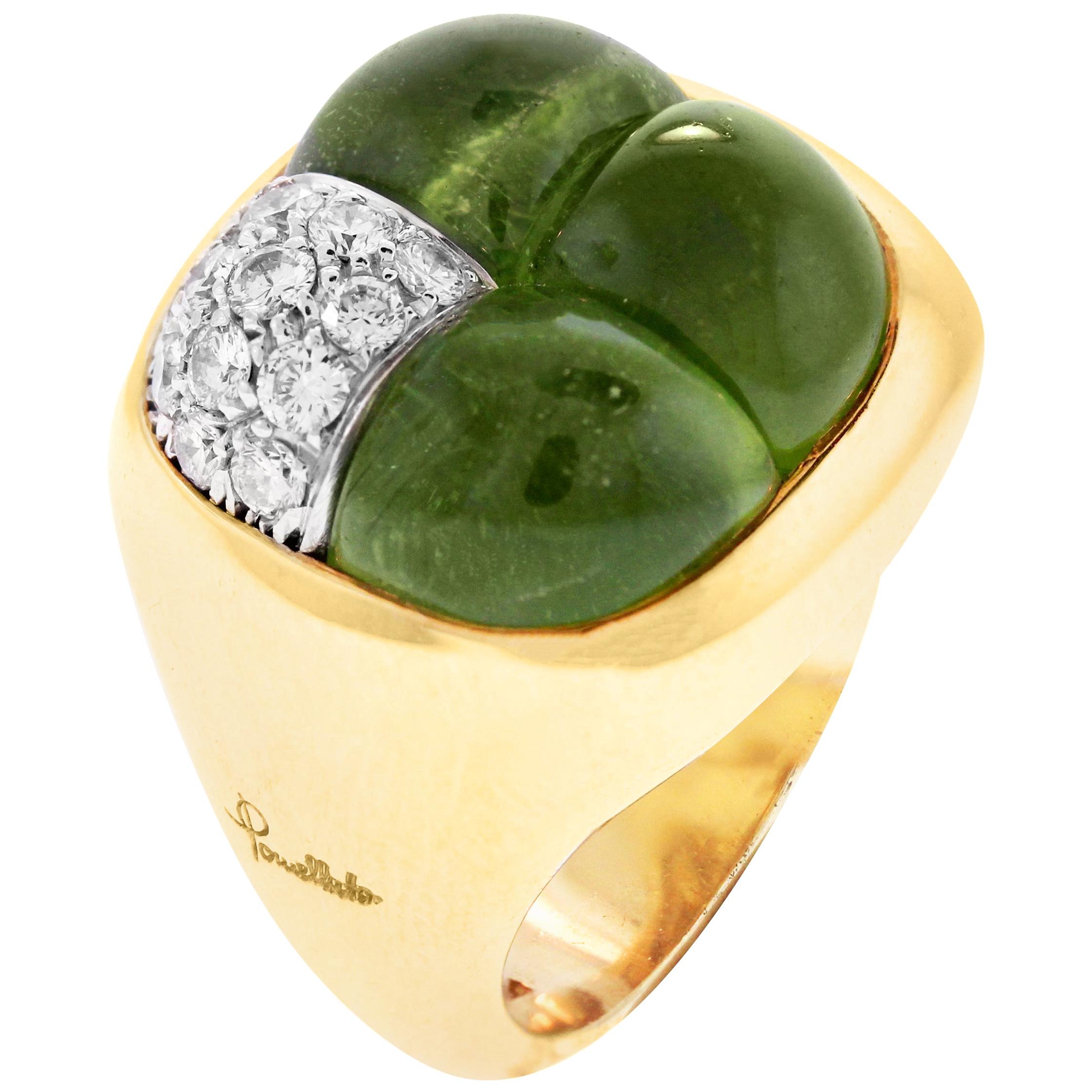Pomellato Three Cabochon Peridot Diamond 18 Karat Yellow Gold Dome Ring For Sale