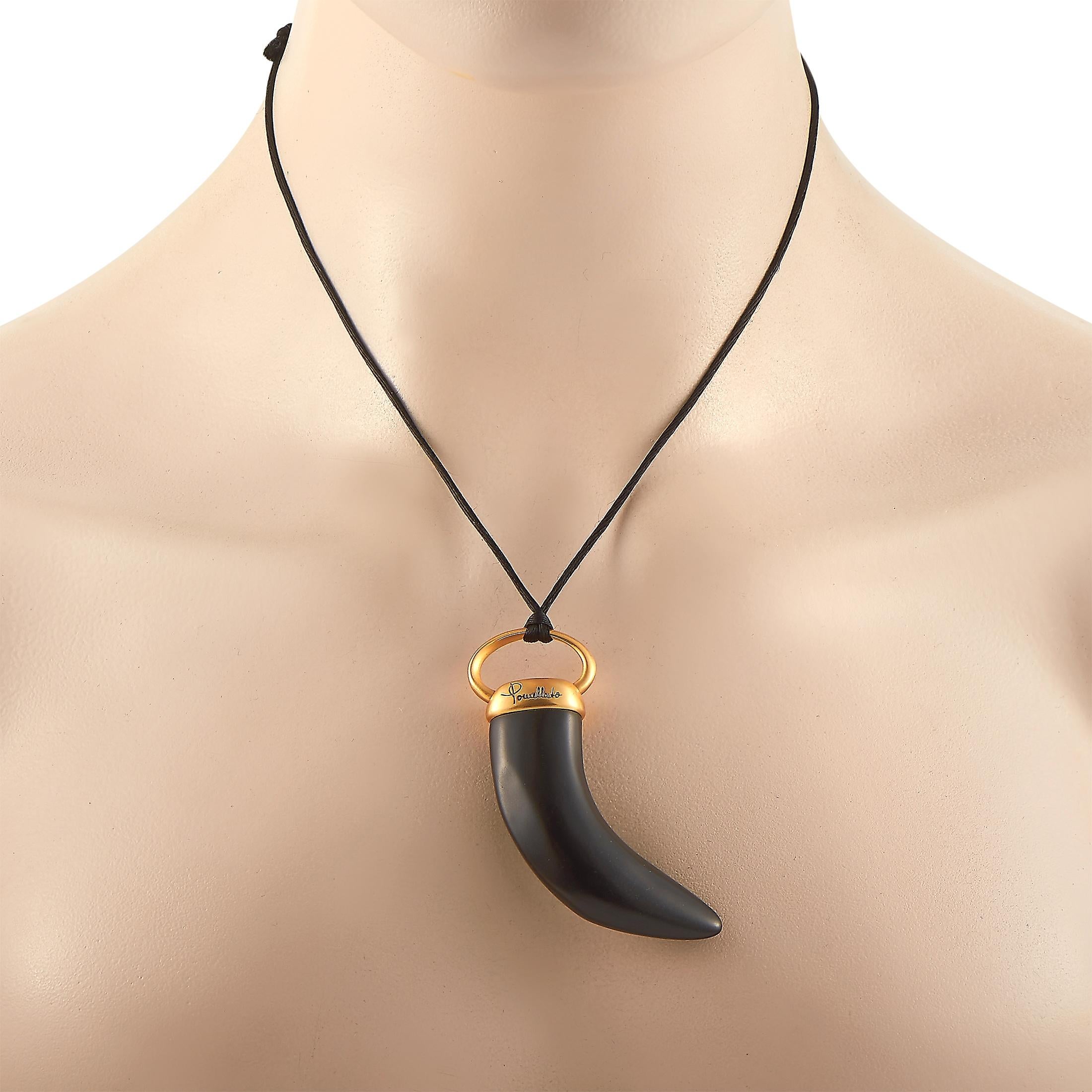 The Pomellato “Victoria” necklace is presented with a black cord onto which a pendant is attached, made out of 18K rose gold and black jet. The cord measures 20” in length and the pendant measures 2.75” by 1.50”. The necklace weighs 21.7 grams.
 
