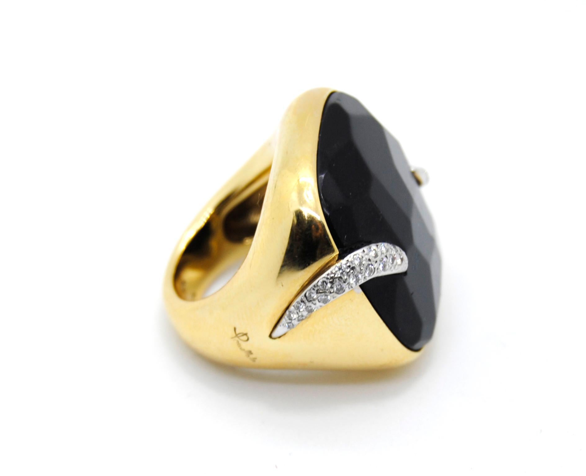 Contemporary Pomellato Victoria Black Jet and 18kt Gold and Diamond Ring size 15