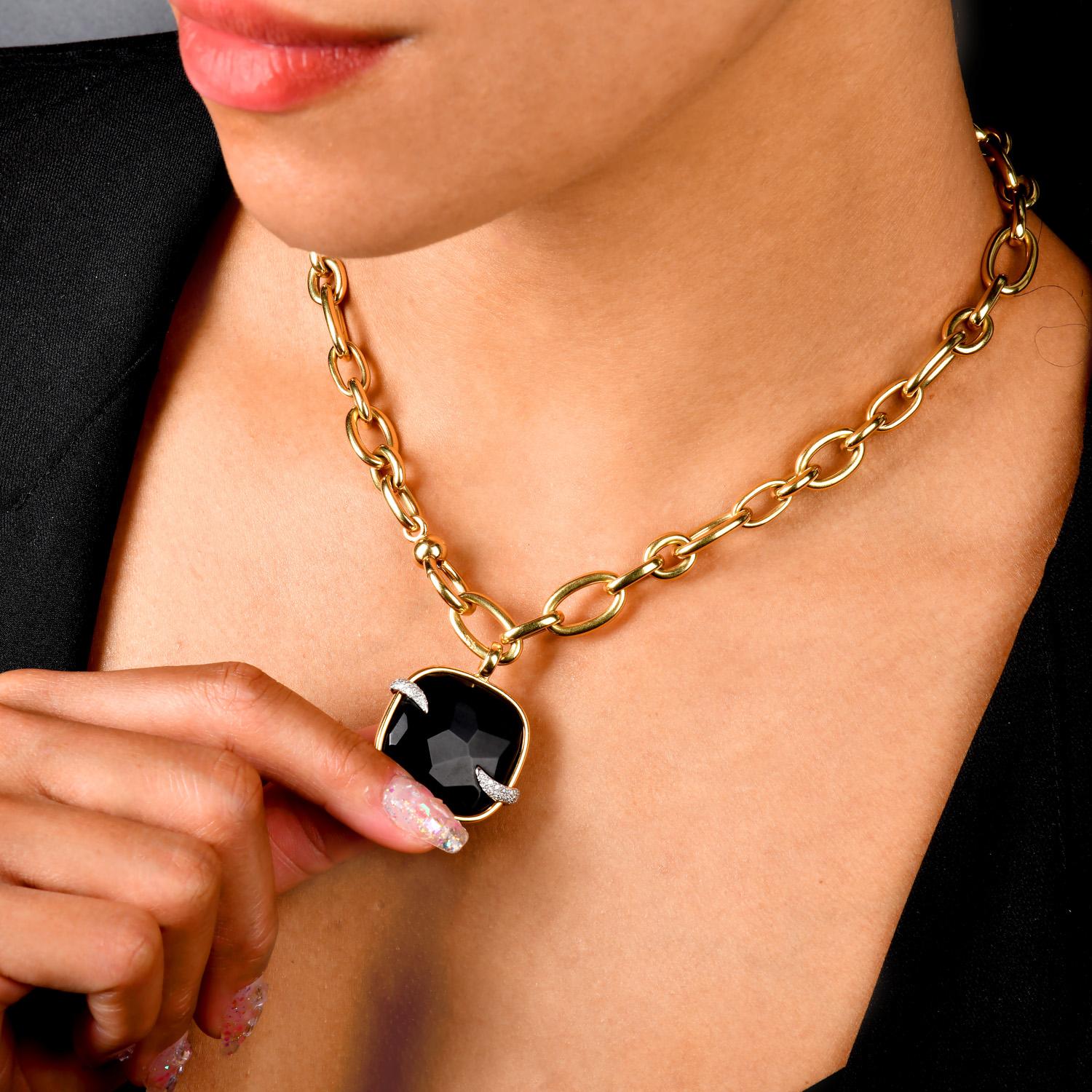  A fabulous and authentic necklace designed by Pomellato showcasing smooth cushion-cut gold links with a black jet diamond pendant attached to heavy 18K Yellow Gold chain links. From the Victoria Collection. This impressive chain necklace designed