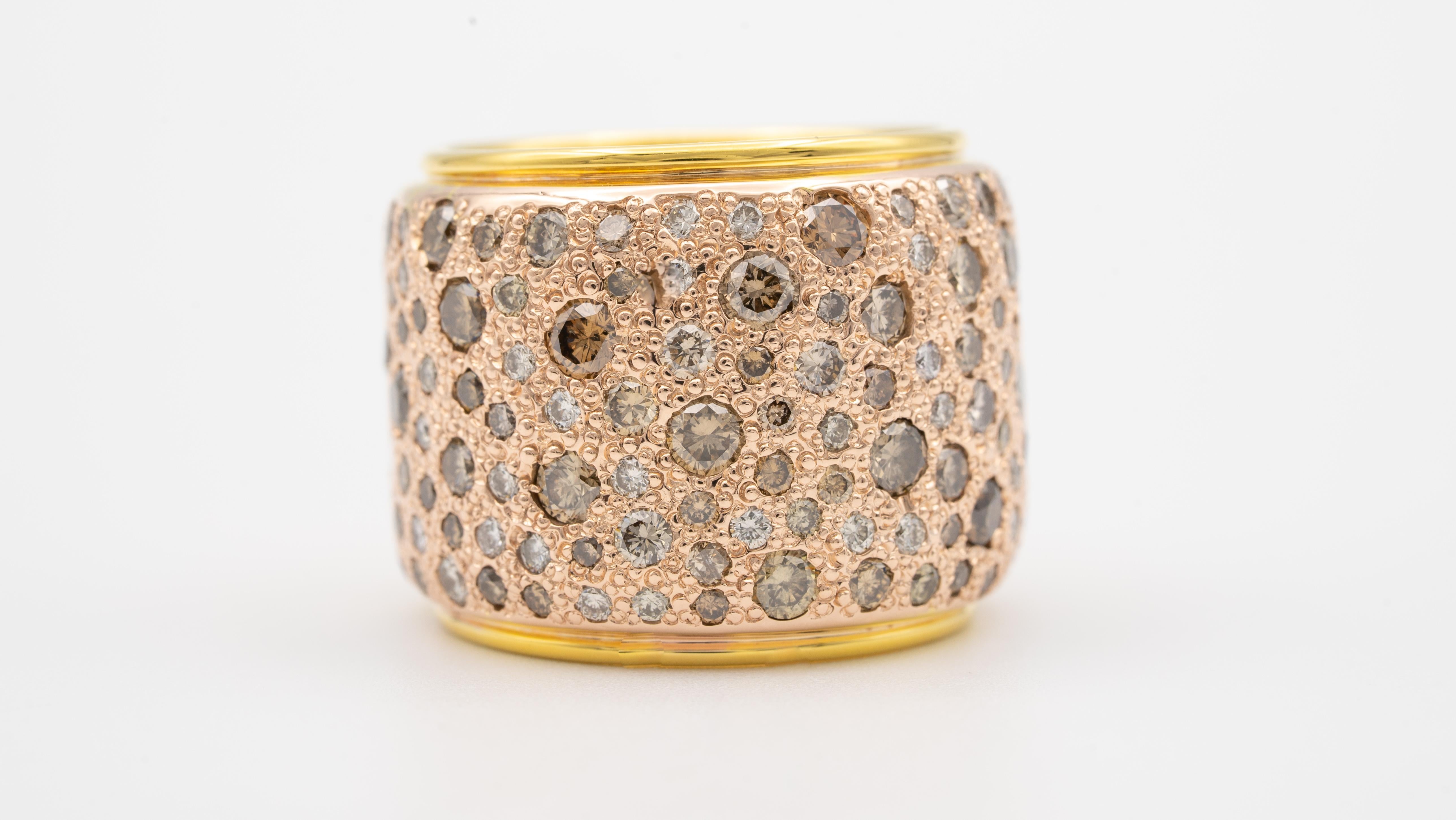 Pomelatto wide band crafted with natural champagne color diamonds in 18K Rose Gold with a Yellow Gold Rim.  
This ring is wonderfully Heavyweight, with 32 Grams of solid 18K Yellow and Rose Gold,  and feels silky smooth to the touch.  Very Special