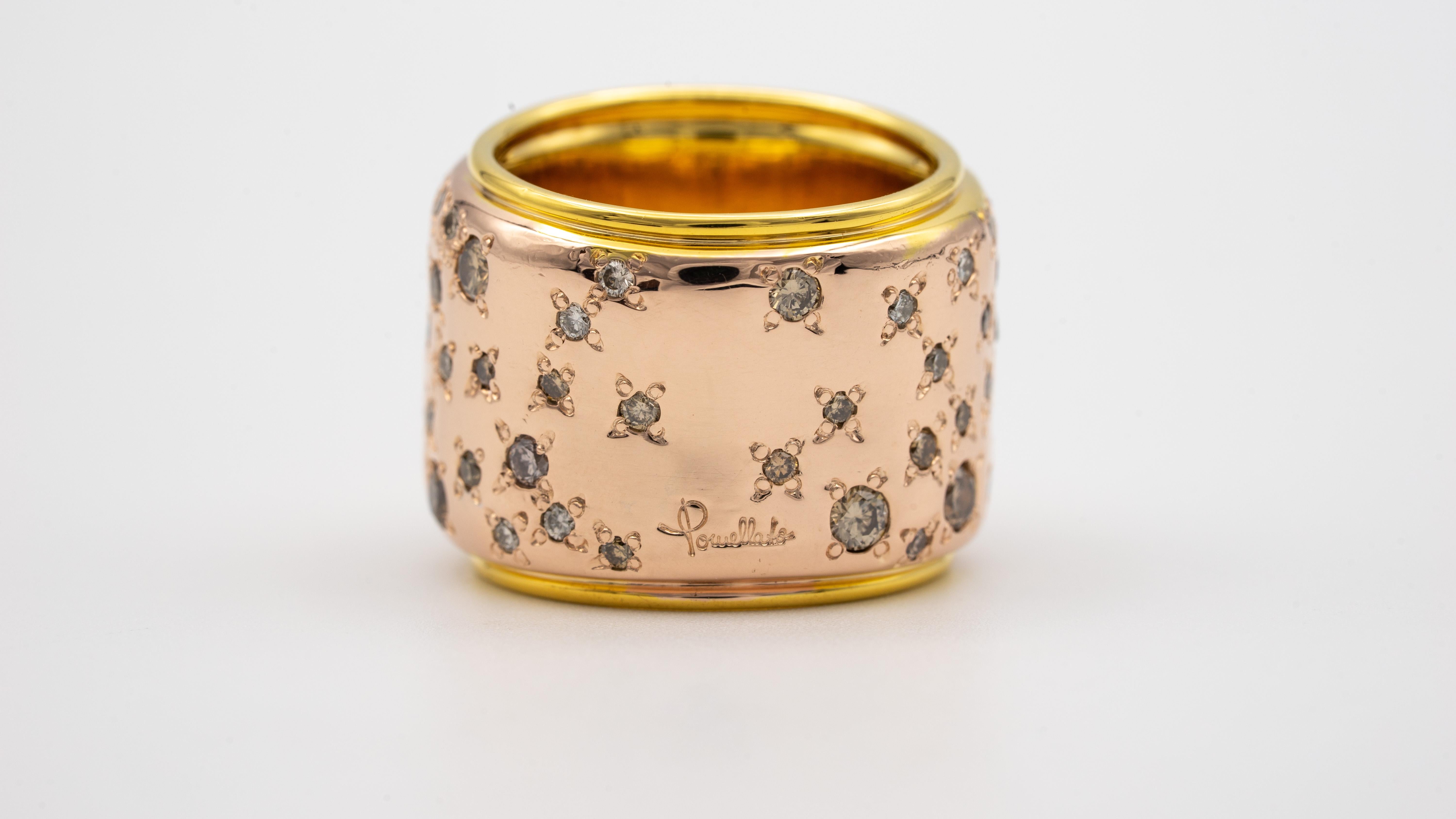 Round Cut Pomellato 18K Yellow + Rose Gold Wide Band Ring with Champagne Colored Diamonds 